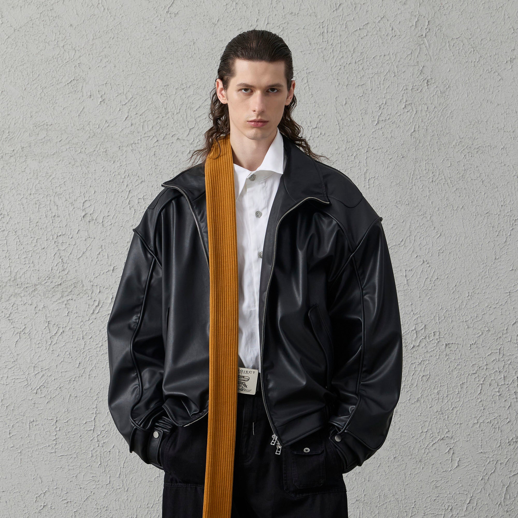ORGANIC EMOTION Faux Leather Piped Seam Jacket-Jacket-S-Free Shipping Leatheretro