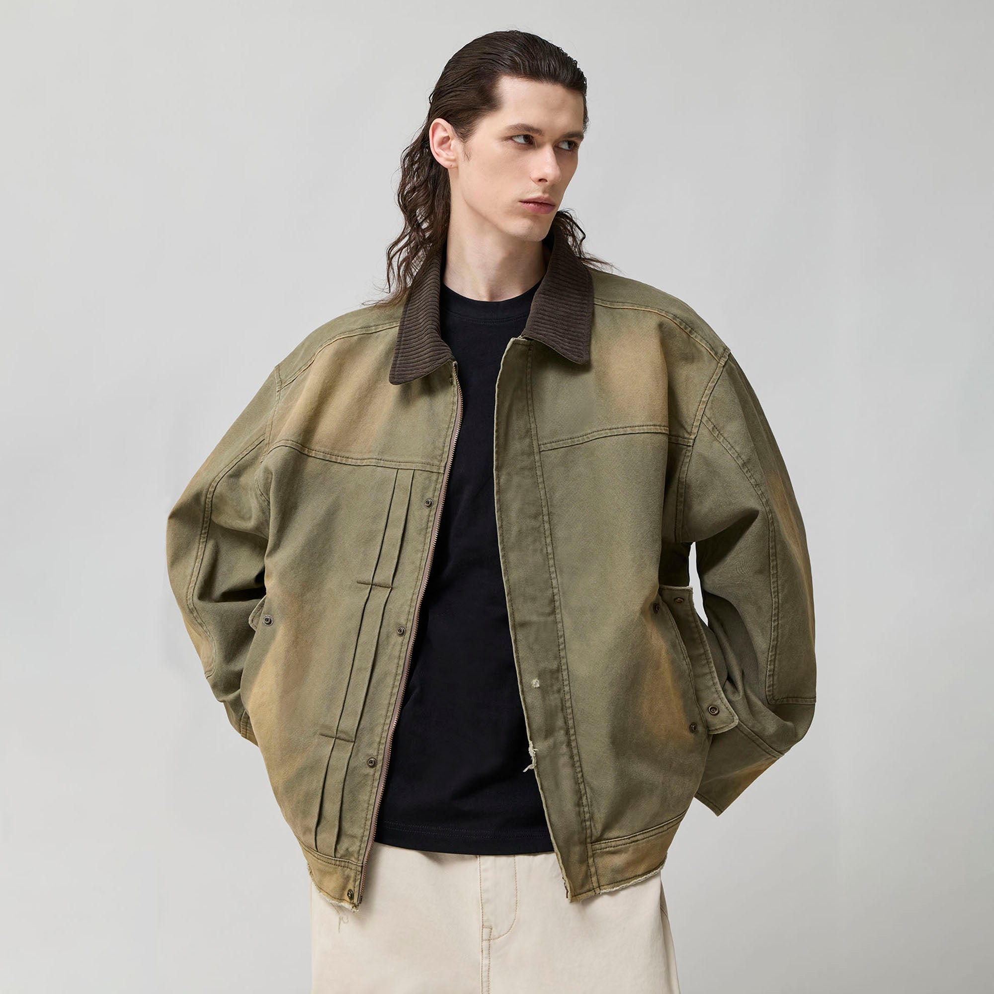 ORGANIC EMOTION Washed Contrast Collar Oversized Snap Jacket-Jacket-S-Green-Free Shipping Leatheretro