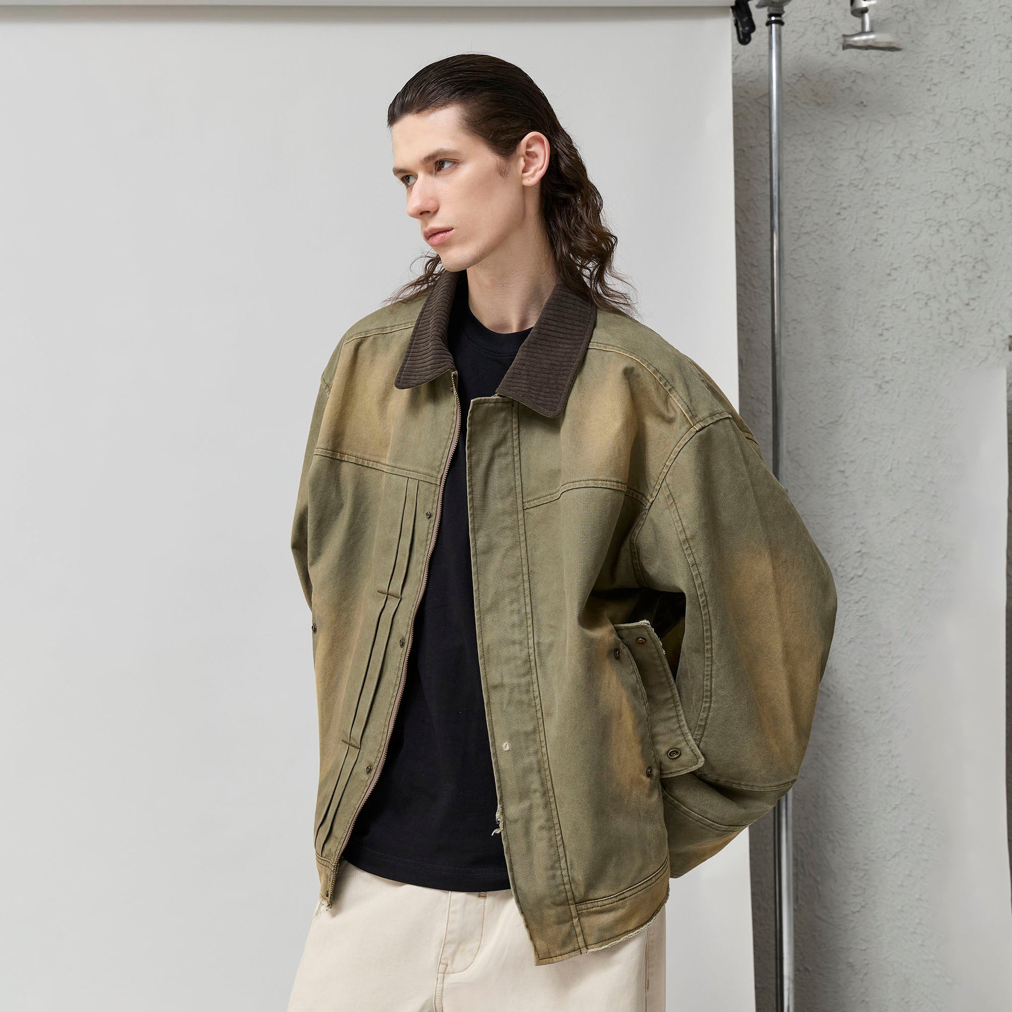 ORGANIC EMOTION Washed Contrast Collar Oversized Snap Jacket-Jacket-S-Green-Free Shipping Leatheretro