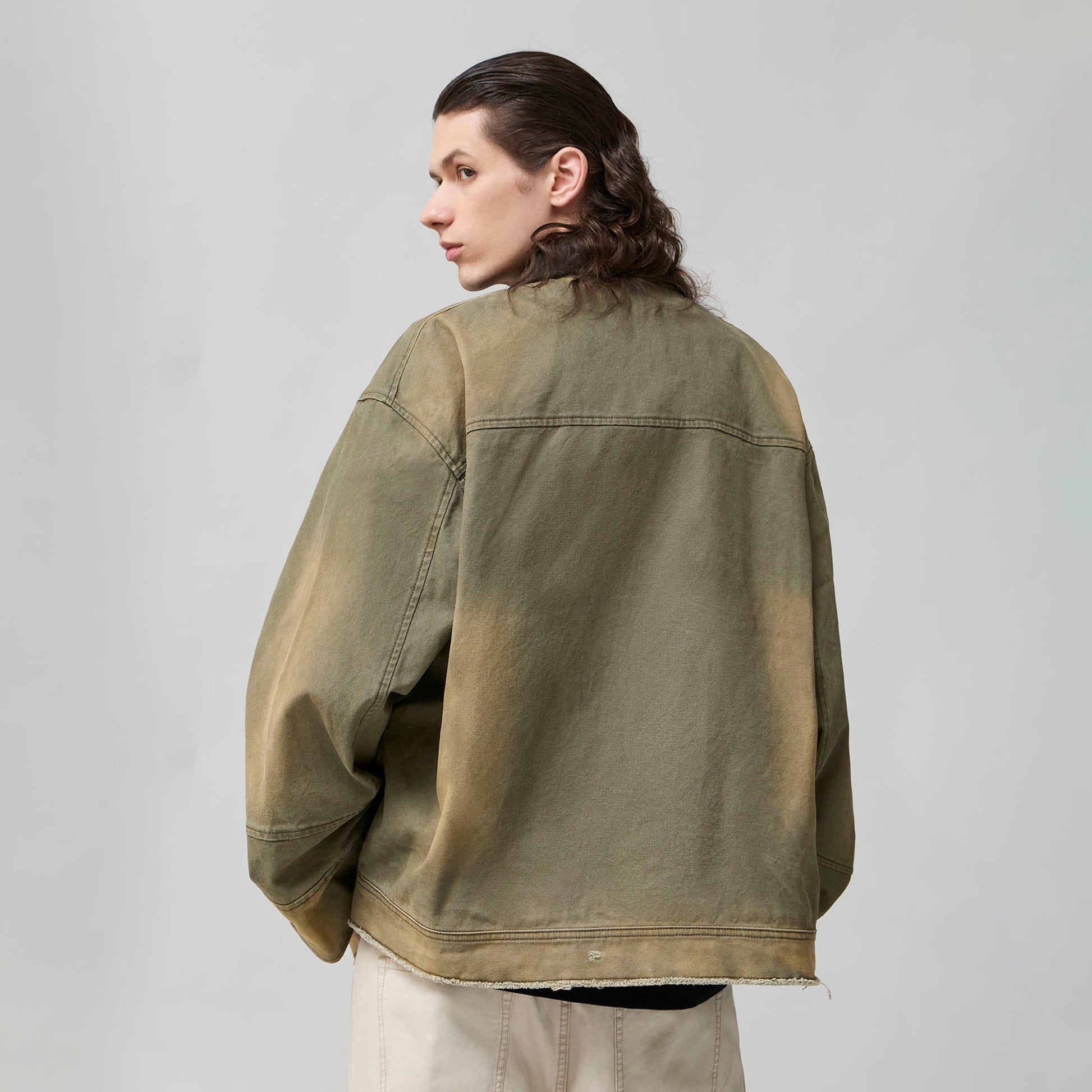 ORGANIC EMOTION Washed Contrast Collar Oversized Snap Jacket-Jacket-S-Green-Free Shipping Leatheretro
