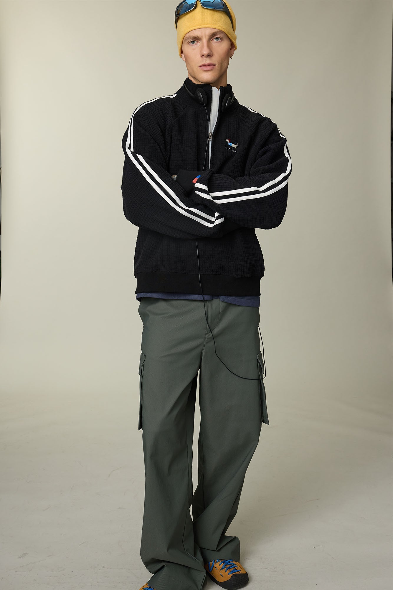 UMAMIISM Waffle Side Stripe Embroidered Half-Zip Pullover-Sweatshirt-XS-Free Shipping Leatheretro