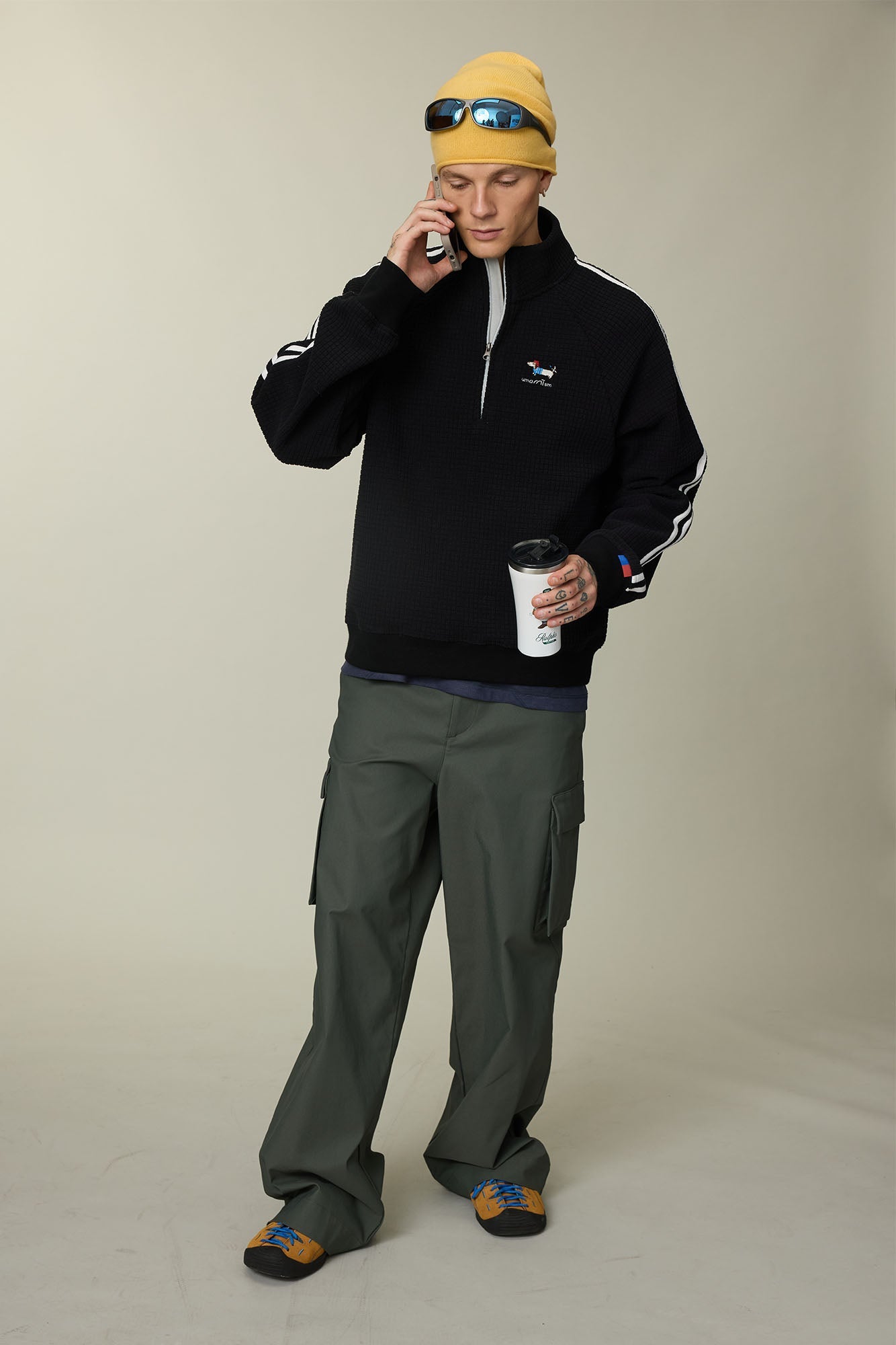 UMAMIISM Waffle Side Stripe Embroidered Half-Zip Pullover-Sweatshirt-XS-Free Shipping Leatheretro