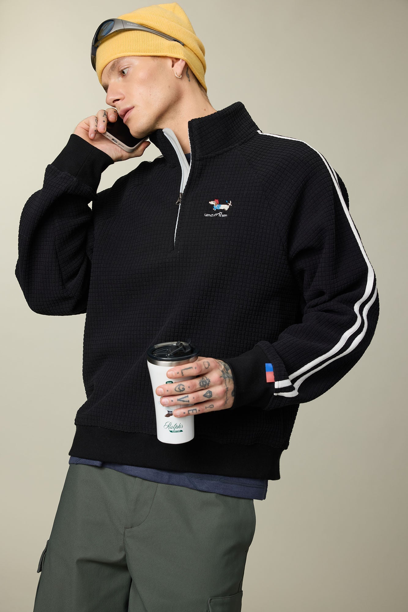 UMAMIISM Waffle Side Stripe Embroidered Half-Zip Pullover-Sweatshirt-XS-Free Shipping Leatheretro