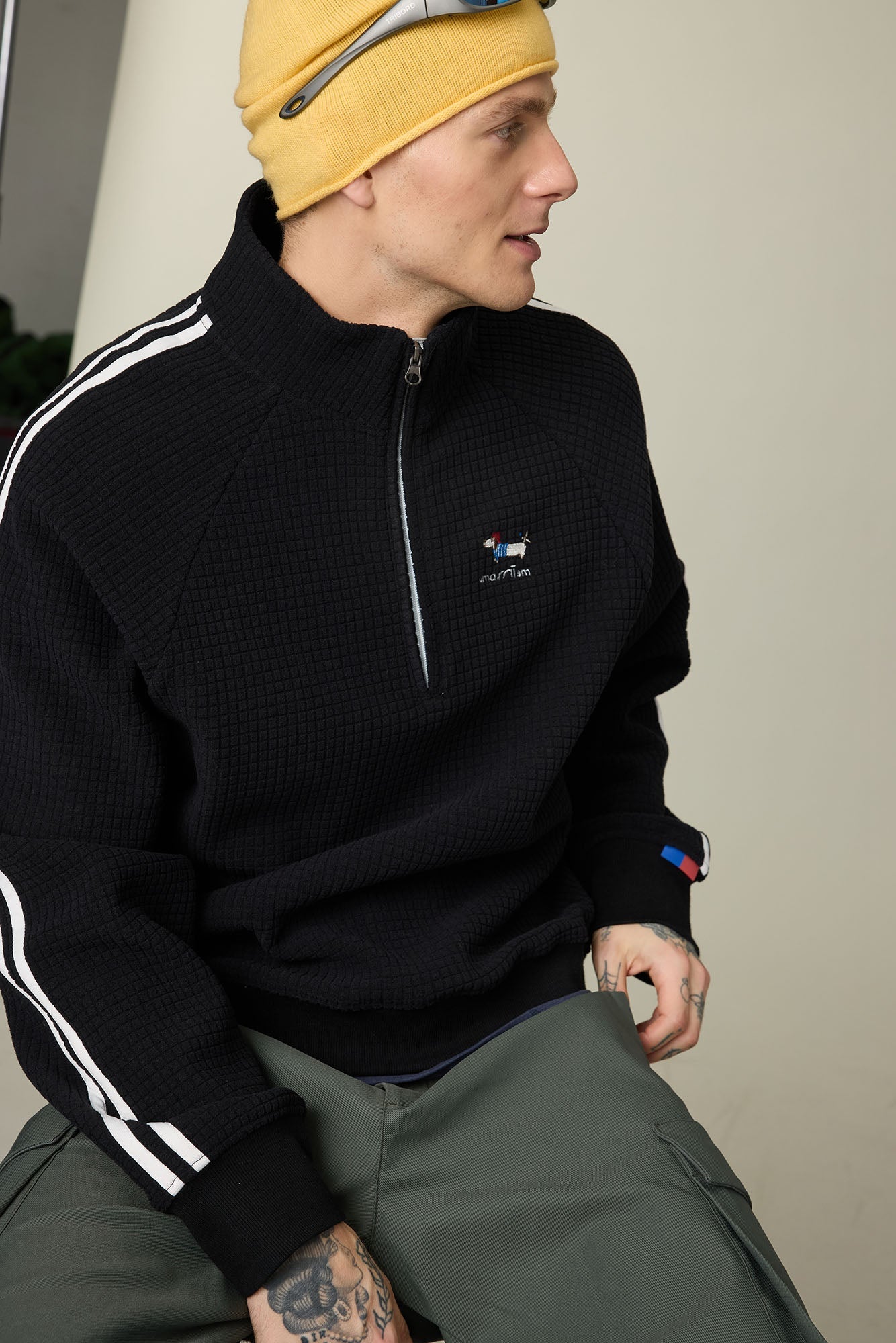 UMAMIISM Waffle Side Stripe Embroidered Half-Zip Pullover-Sweatshirt-XS-Free Shipping Leatheretro