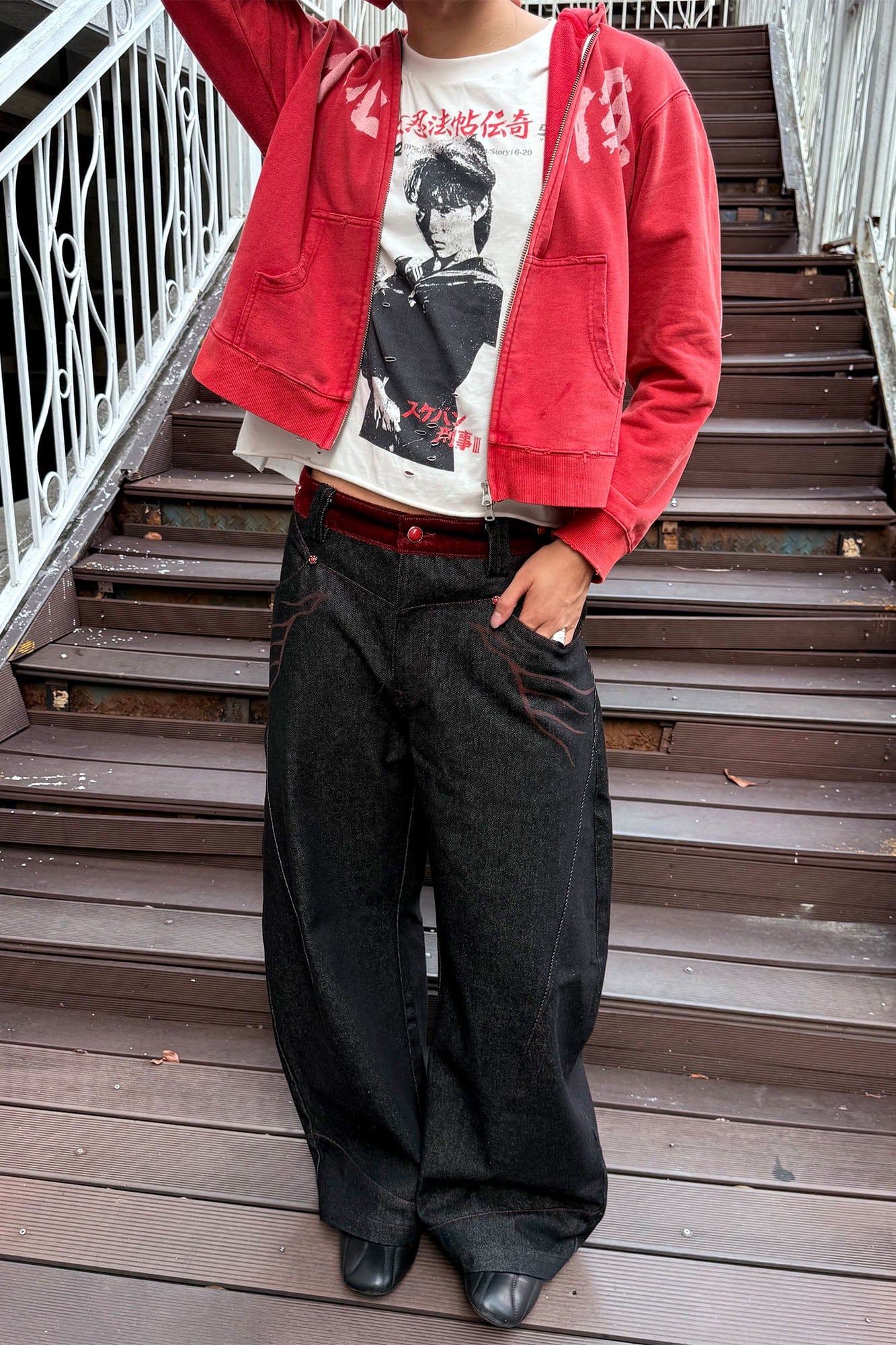 ESAIAS Vermilion Stitch Red Turquoise Curved Denim Pants-Jeans-XS-Free Shipping Leatheretro