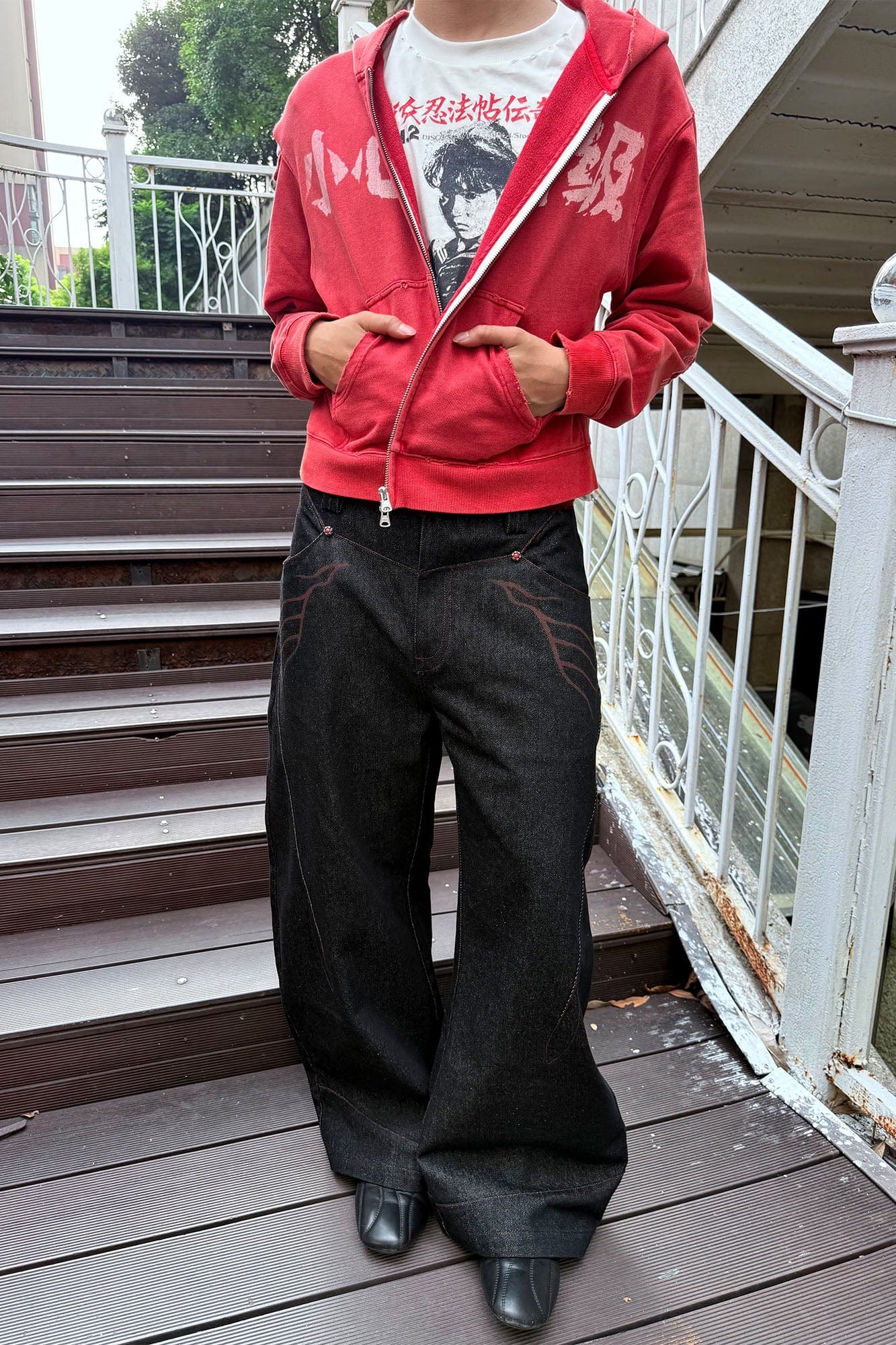 ESAIAS Vermilion Stitch Red Turquoise Curved Denim Pants-Jeans-XS-Free Shipping Leatheretro