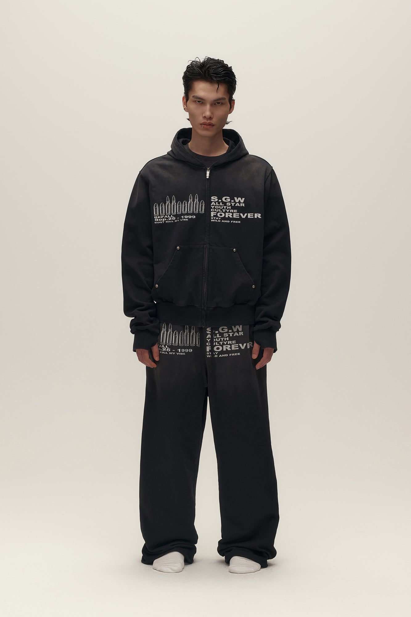 SAVAGEGROWTHWORLD Bullet Graphic Washed Wide-Leg Sweatpants-Pants-S-Free Shipping Leatheretro