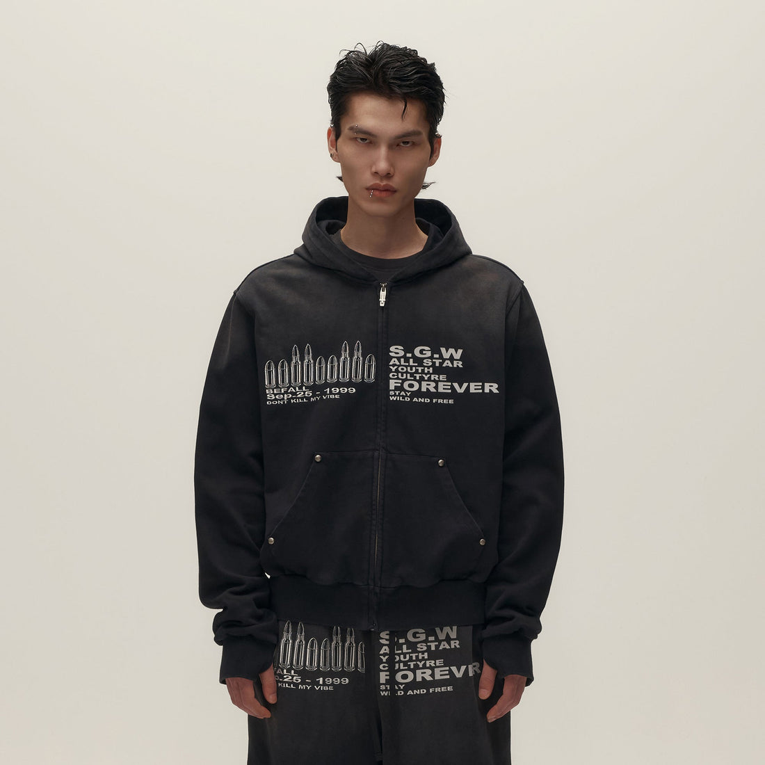 SAVAGEGROWTHWORLD Bullet Hole Graphic Washed Zip-Up Hoodie-Jacket-S-Free Shipping Leatheretro