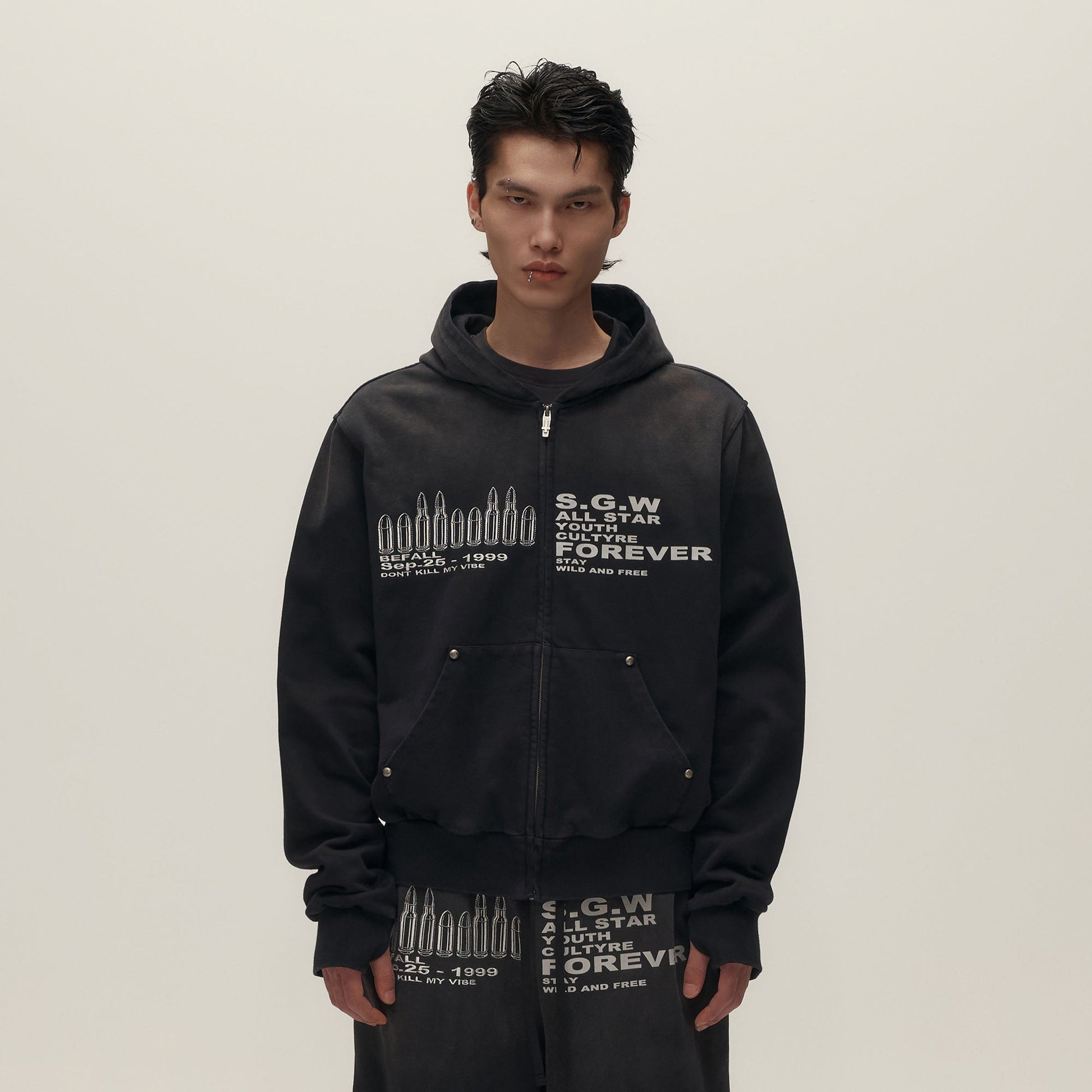 SAVAGEGROWTHWORLD Bullet Hole Graphic Washed Zip-Up Hoodie-Jacket-S-Free Shipping Leatheretro