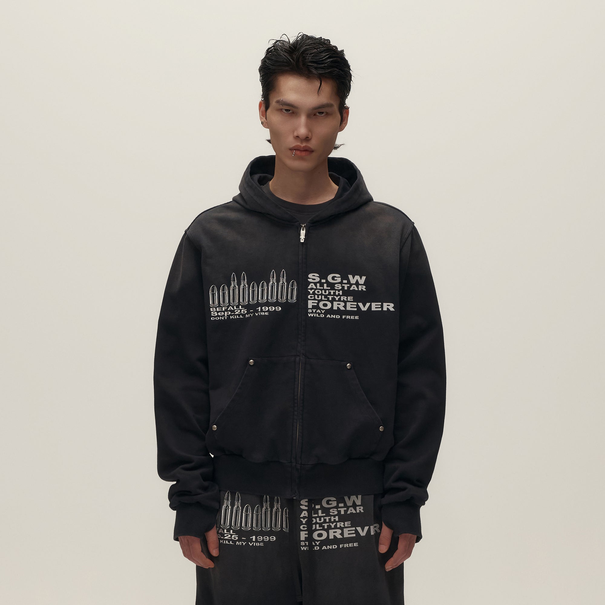 SAVAGEGROWTHWORLD Bullet Hole Graphic Washed Zip-Up Hoodie-Jacket-S-Free Shipping Leatheretro