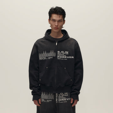 SAVAGEGROWTHWORLD Bullet Hole Graphic Washed Zip-Up Hoodie-Jacket-S-Free Shipping Leatheretro