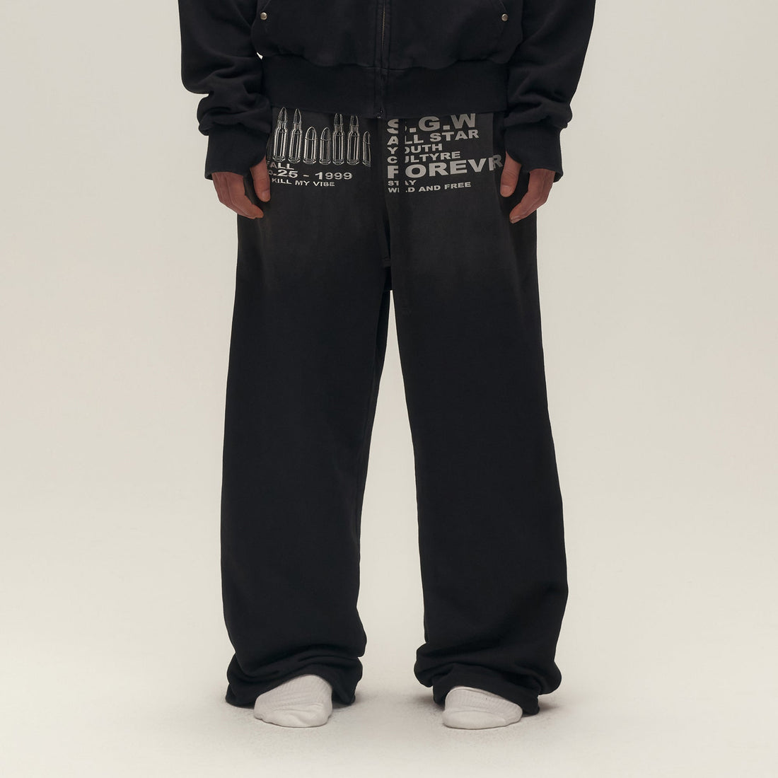 SAVAGEGROWTHWORLD Bullet Graphic Washed Wide-Leg Sweatpants-Pants-S-Free Shipping Leatheretro