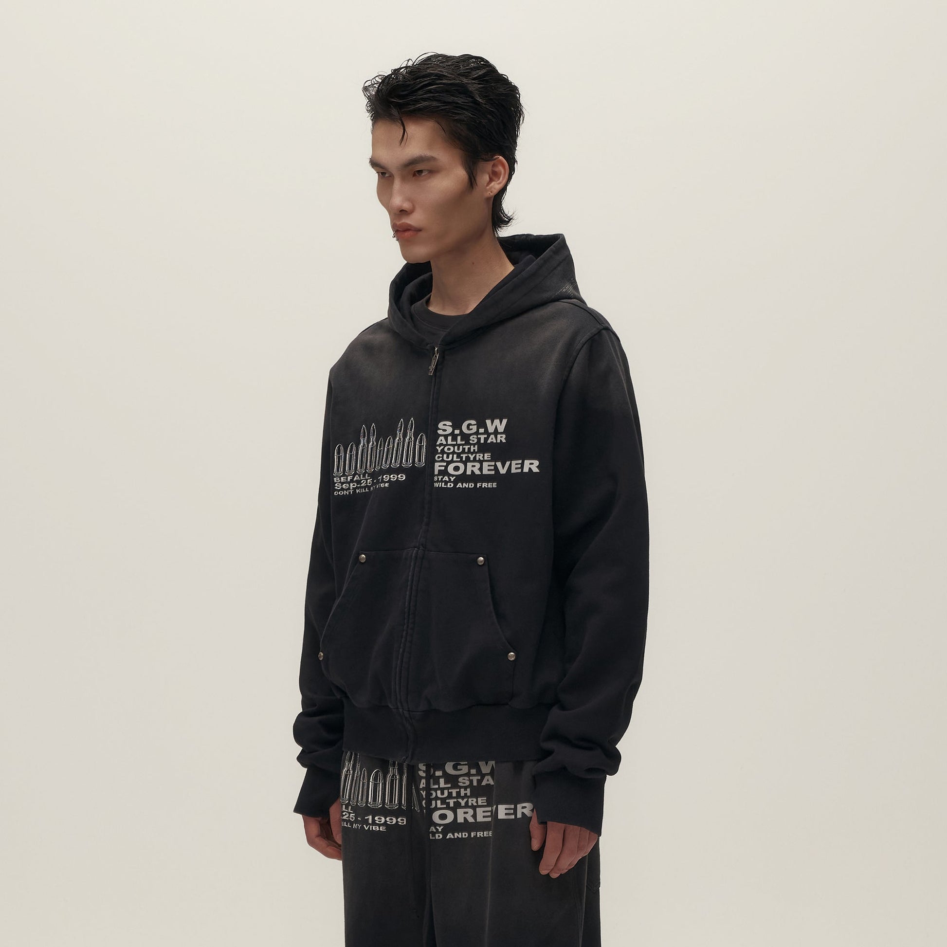 SAVAGEGROWTHWORLD Bullet Hole Graphic Washed Zip-Up Hoodie-Jacket-S-Free Shipping Leatheretro