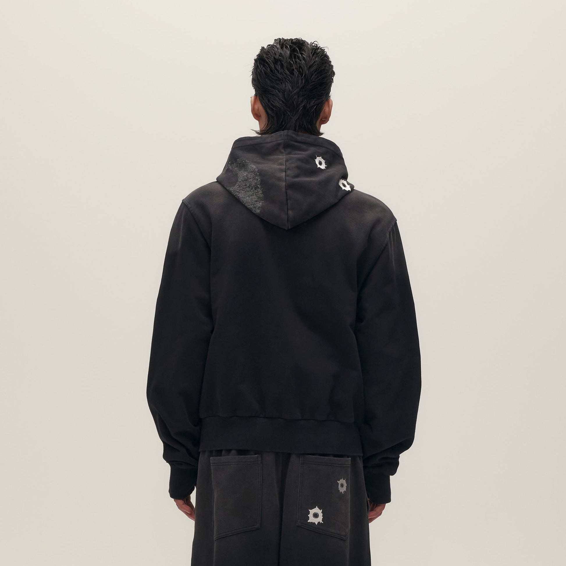 SAVAGEGROWTHWORLD Bullet Hole Graphic Washed Zip-Up Hoodie-Jacket-S-Free Shipping Leatheretro