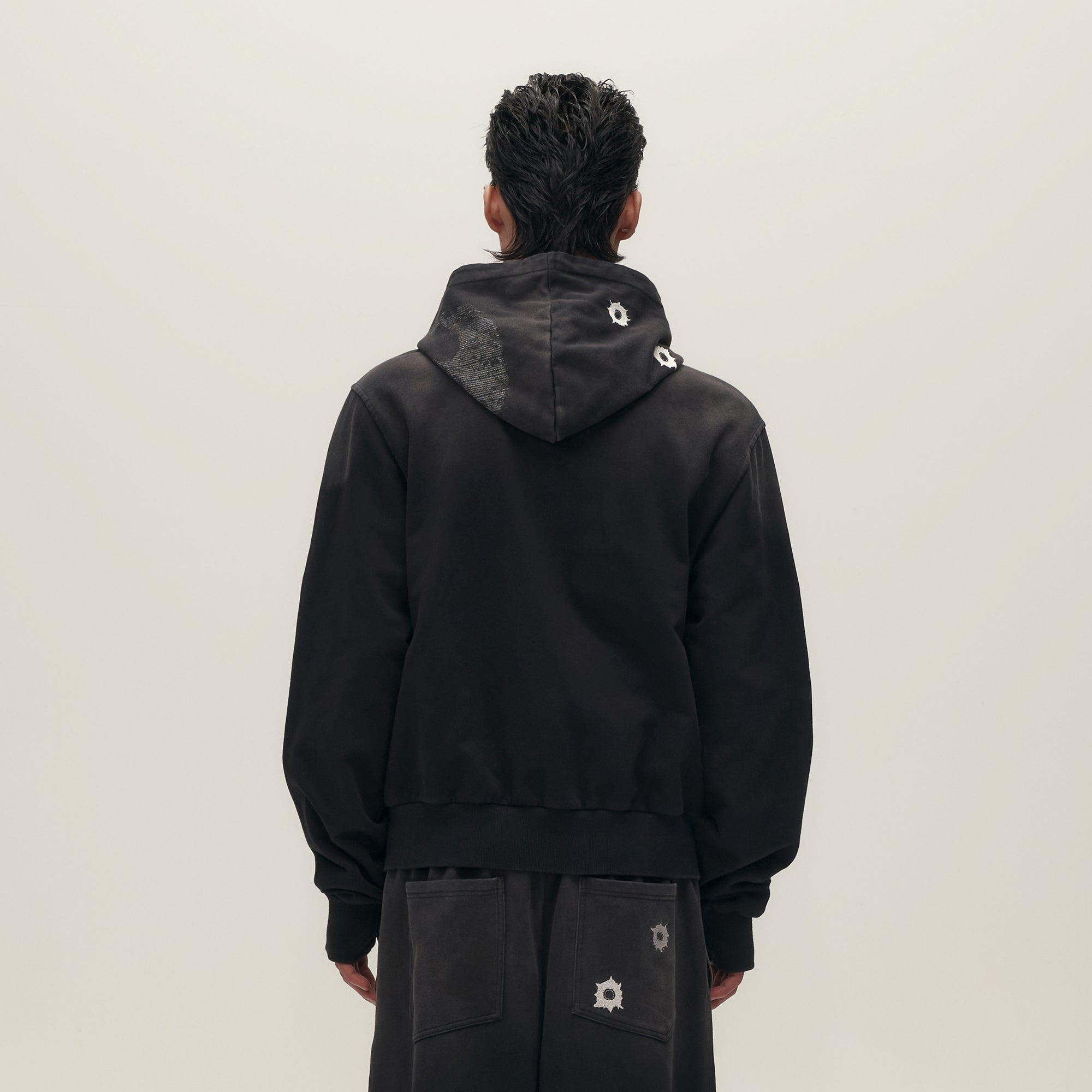 SAVAGEGROWTHWORLD Bullet Hole Graphic Washed Zip-Up Hoodie-Jacket-S-Free Shipping Leatheretro