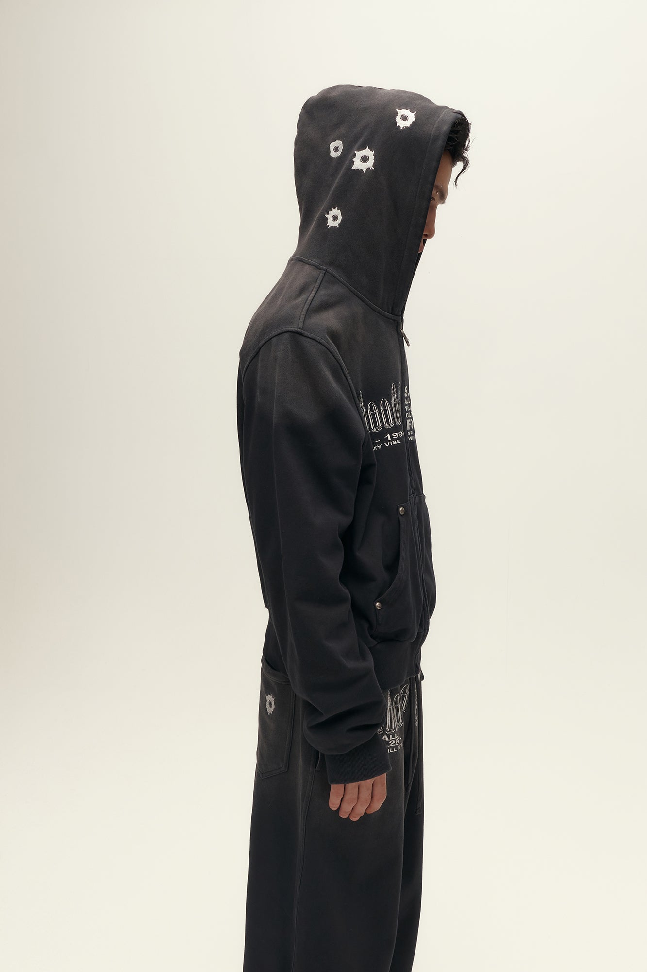 SAVAGEGROWTHWORLD Bullet Hole Graphic Washed Zip-Up Hoodie-Jacket-S-Free Shipping Leatheretro
