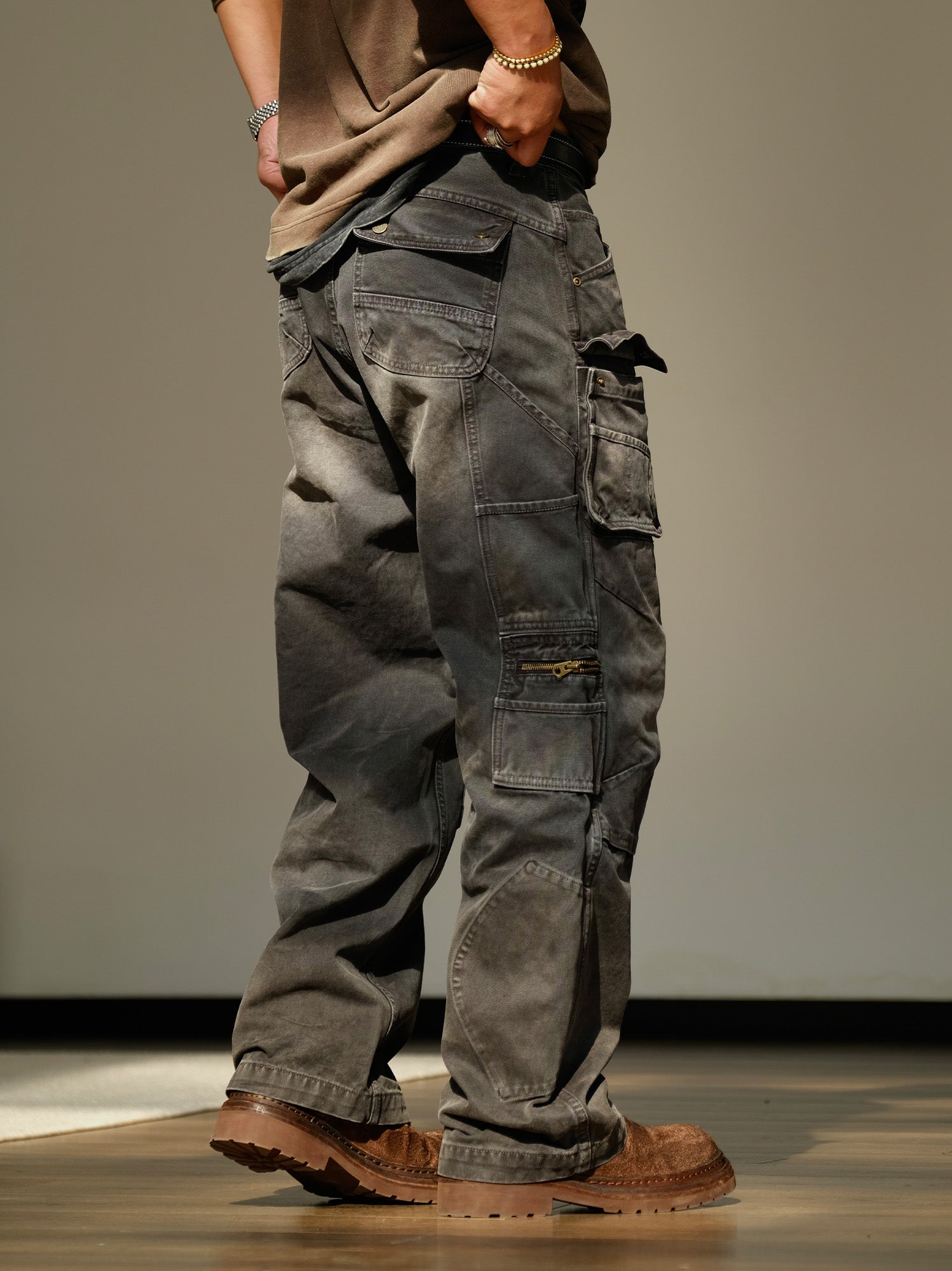 NEIGBORL Washed Multi-Pocket Straight-Leg Cargo Pants-Pants-S (Preorder)-Black-Free Shipping Leatheretro