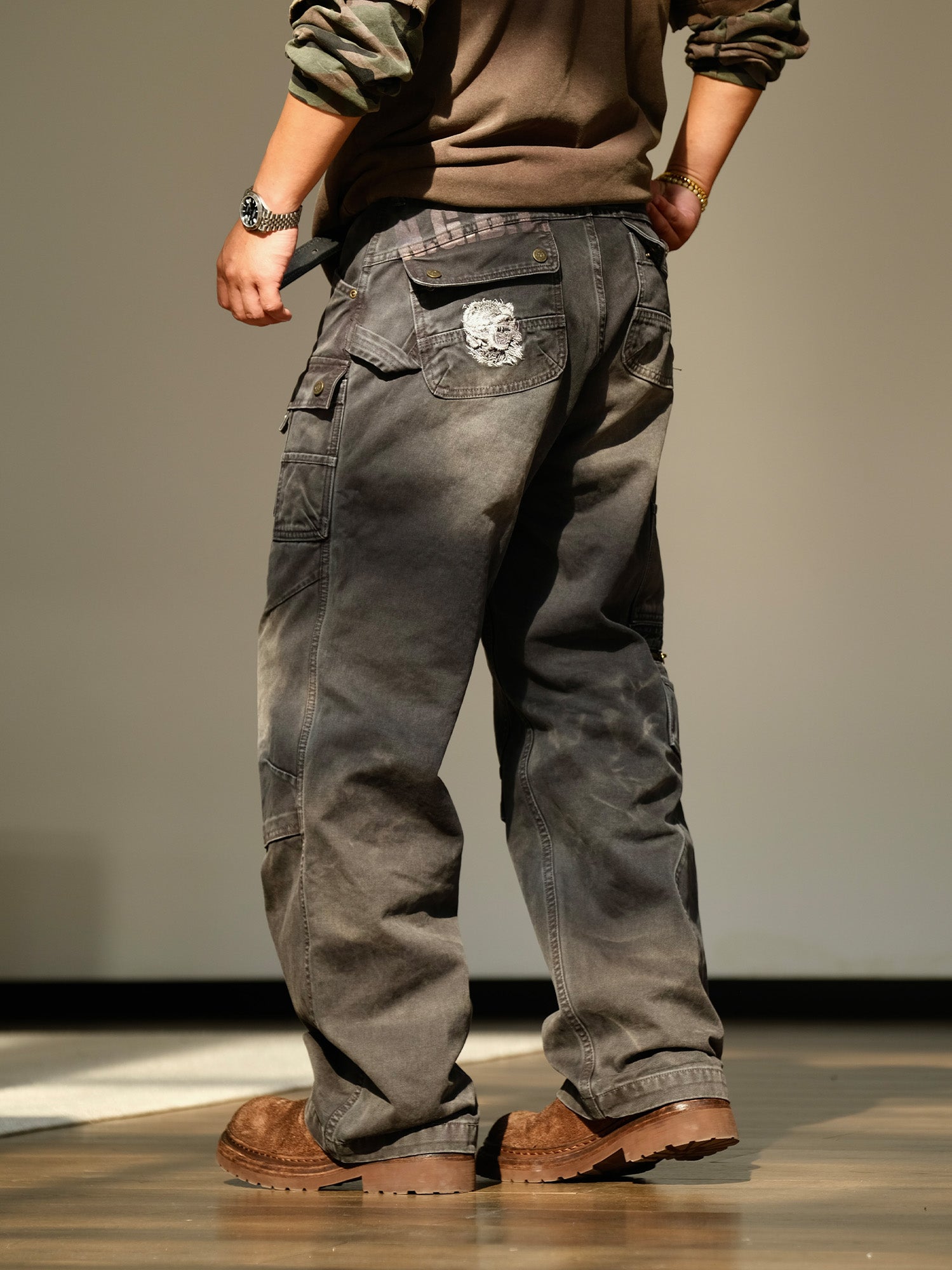 NEIGBORL Washed Multi-Pocket Straight-Leg Cargo Pants-Pants-S (Preorder)-Black-Free Shipping Leatheretro
