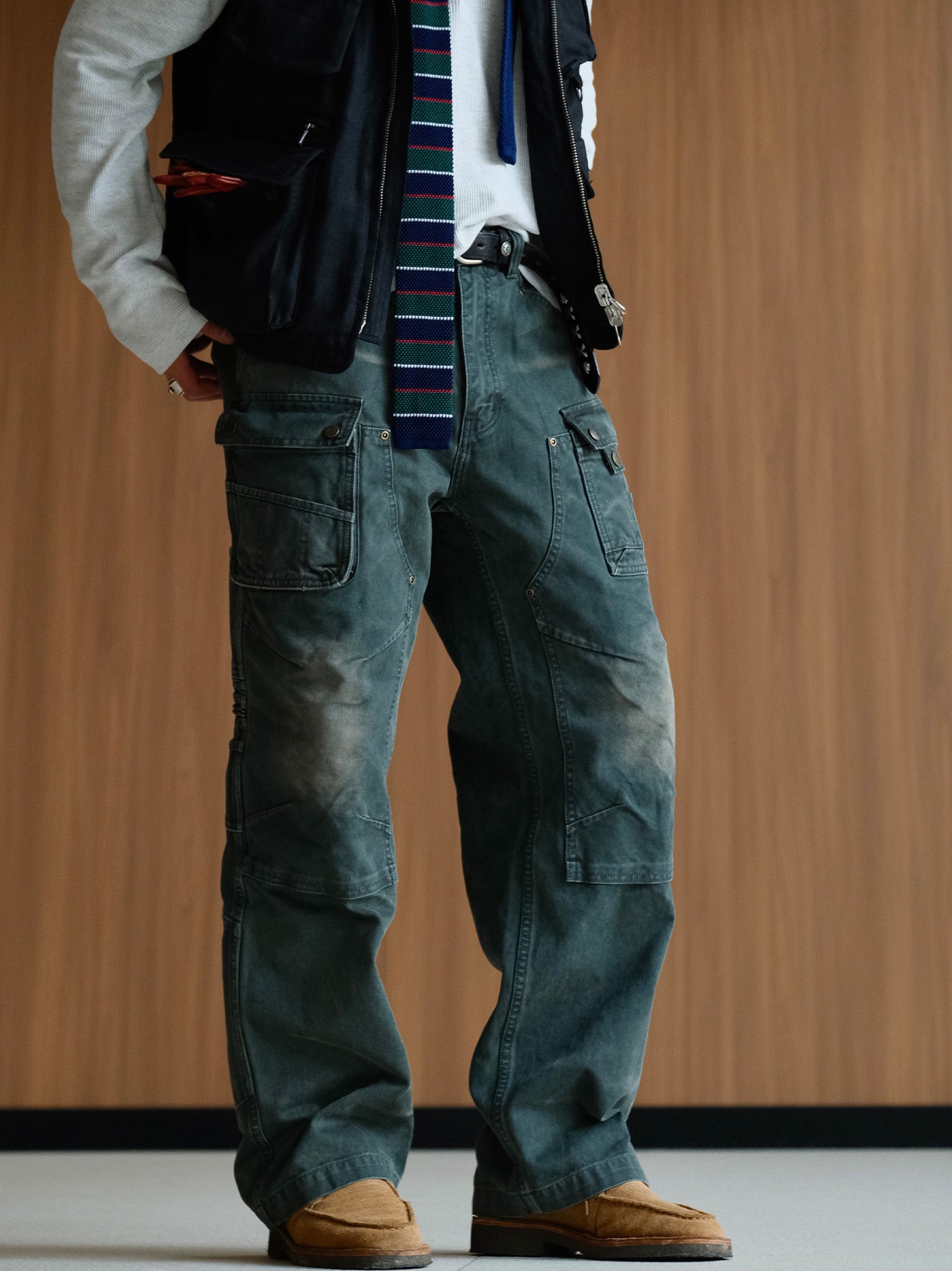 NEIGBORL Washed Multi-Pocket Straight-Leg Cargo Pants-Pants-S (Preorder)-Black-Free Shipping Leatheretro