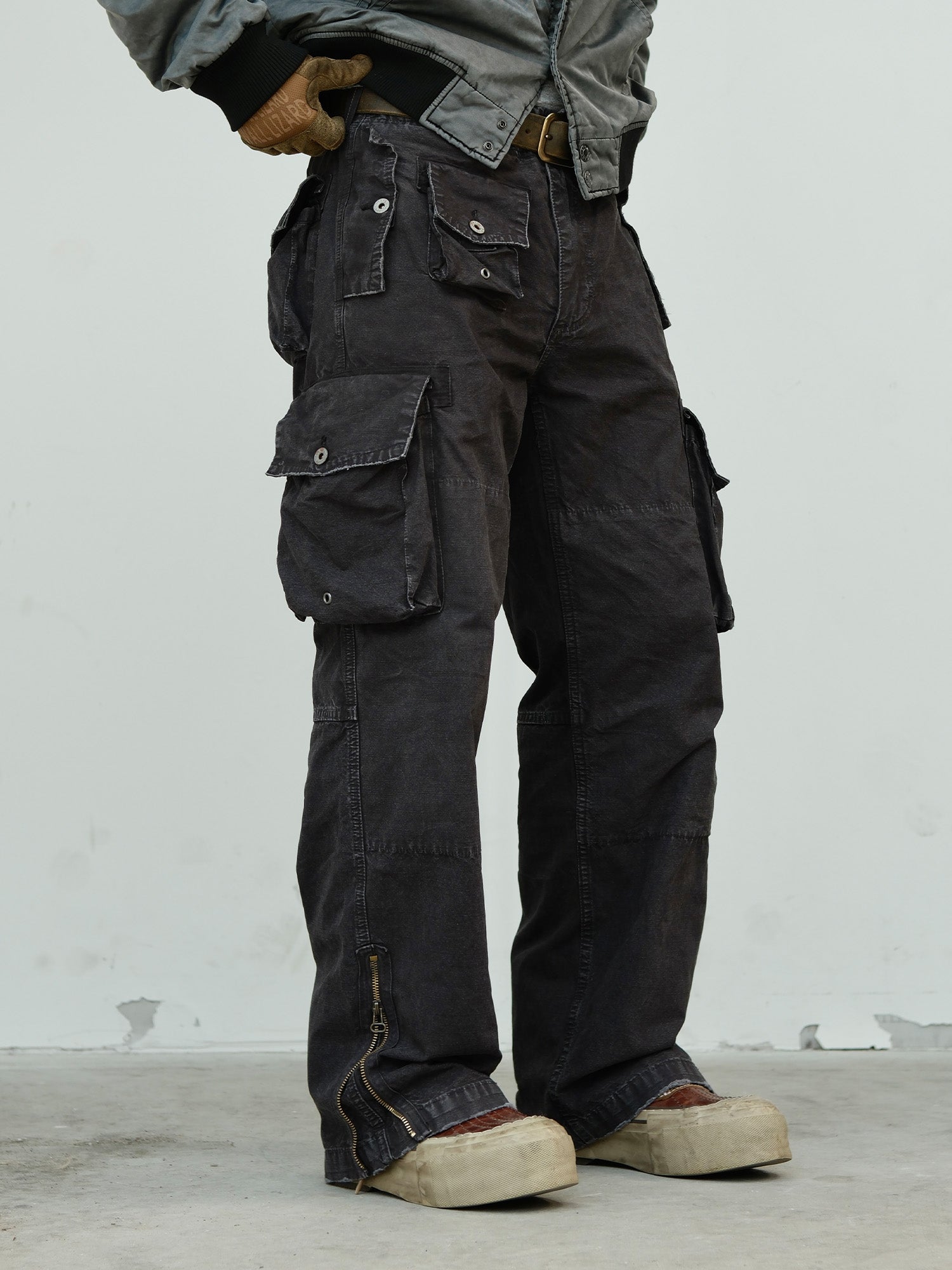 NEIGBORL Washed Distressed Multi-Pocket Cargo Pants-Pants-S-Black-Free Shipping Leatheretro