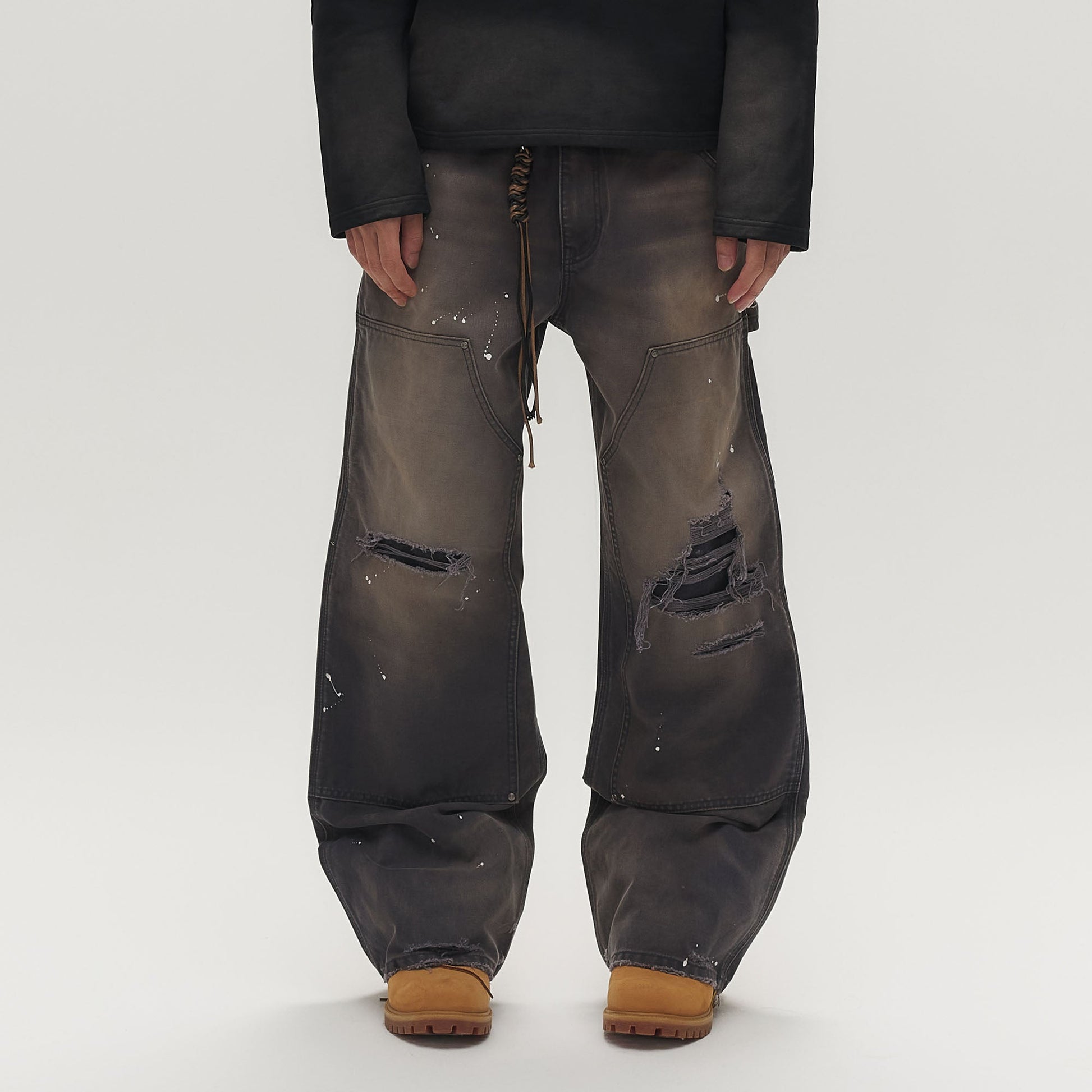 SAVAGEGROWTHWORLD Distressed Double-Knee Splatter Jeans-Jeans-S (Preorder)-Free Shipping Leatheretro