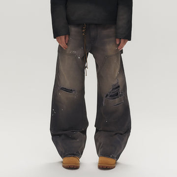 SAVAGEGROWTHWORLD Distressed Double-Knee Splatter Jeans-Jeans-S (Preorder)-Free Shipping Leatheretro