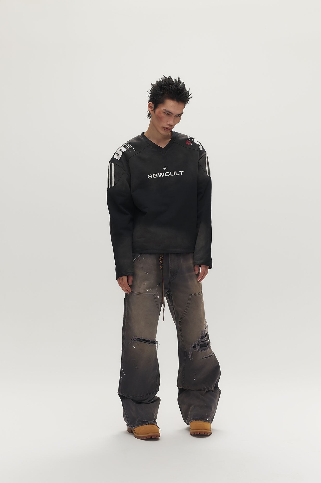 SAVAGEGROWTHWORLD Distressed Double-Knee Splatter Jeans-Jeans-S (Preorder)-Free Shipping Leatheretro