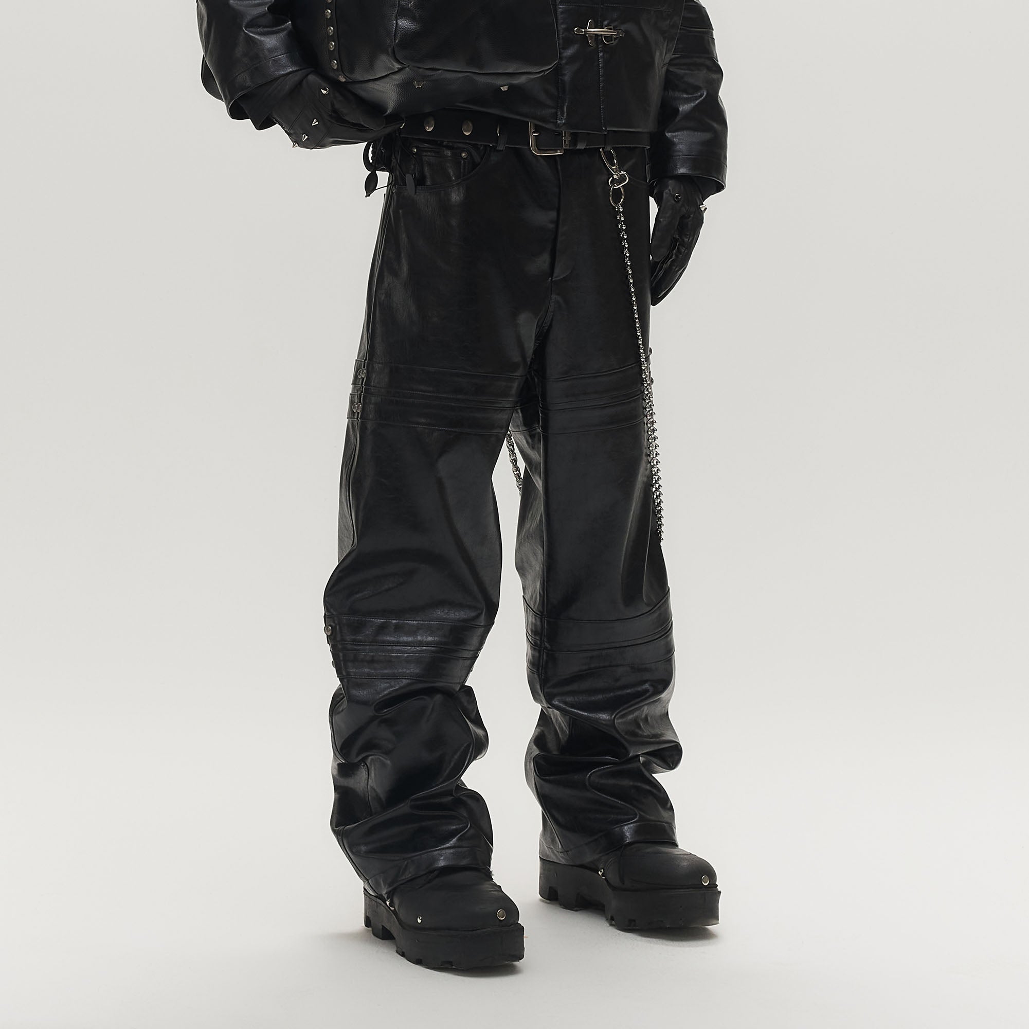 SAVAGEGROWTHWORLD Faux Leather Panel Rivet Pants-Pants-S (Preorder)-Free Shipping Leatheretro