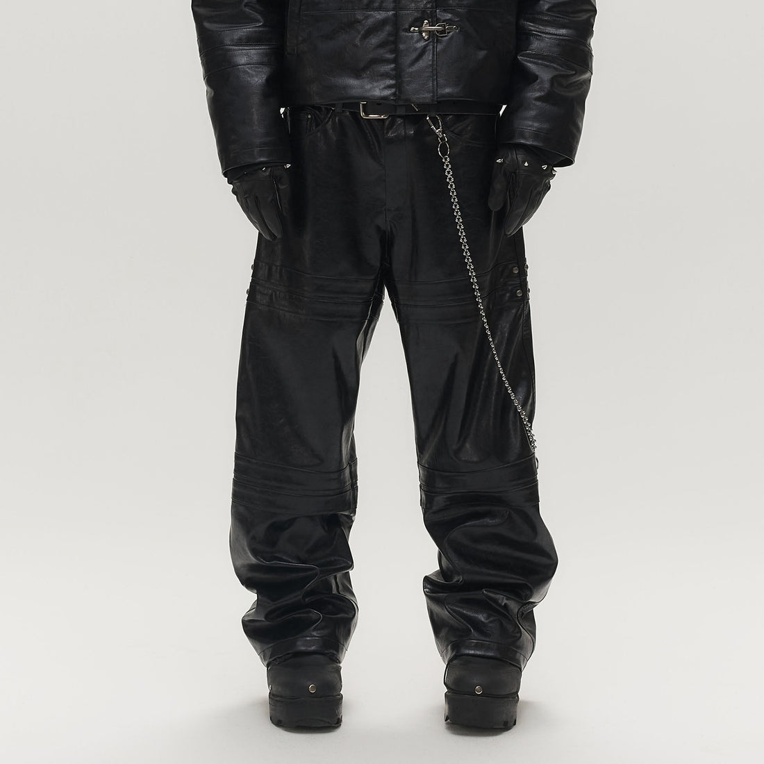 SAVAGEGROWTHWORLD Faux Leather Panel Rivet Pants-Pants-S (Preorder)-Free Shipping Leatheretro