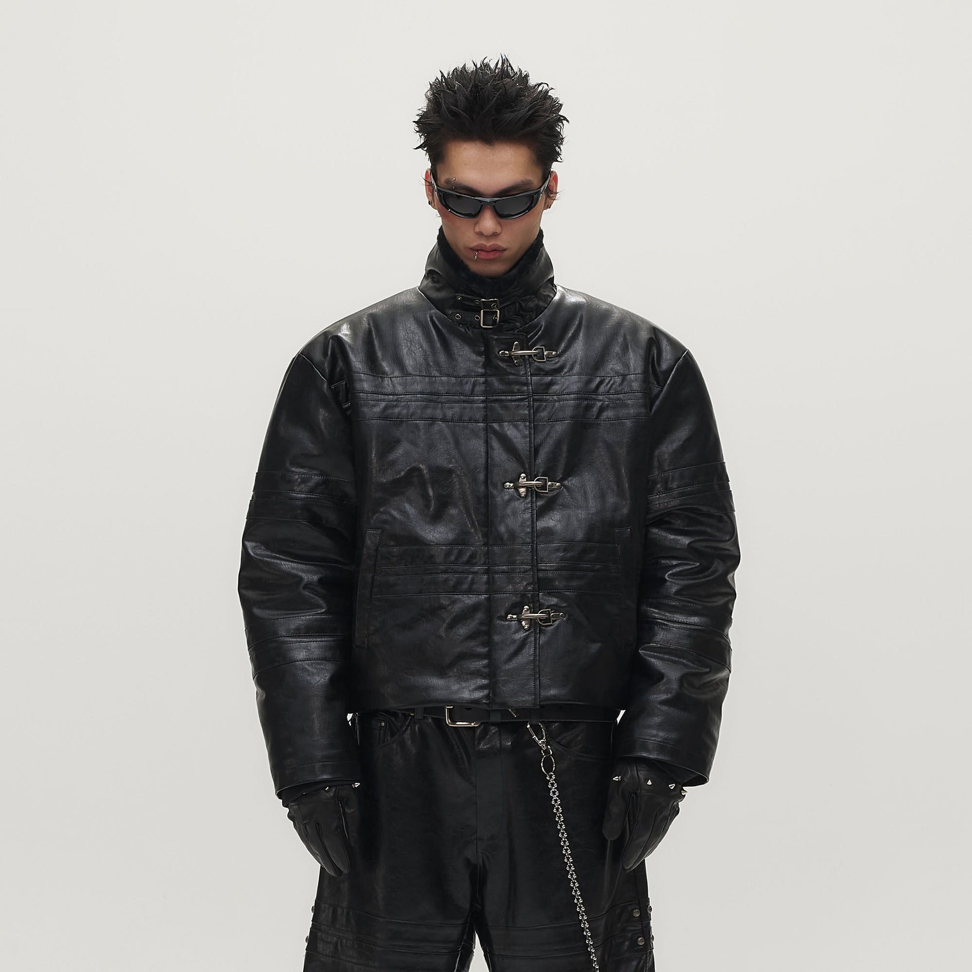 SAVAGEGROWTHWORLD Hook Buckle Faux Leather Puffer Jacket-Jacket-M (Preorder)-Free Shipping Leatheretro
