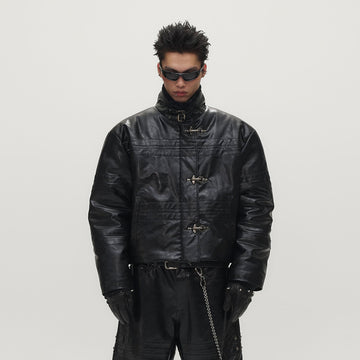SAVAGEGROWTHWORLD Hook Buckle Faux Leather Puffer Jacket-Jacket-M (Preorder)-Free Shipping Leatheretro