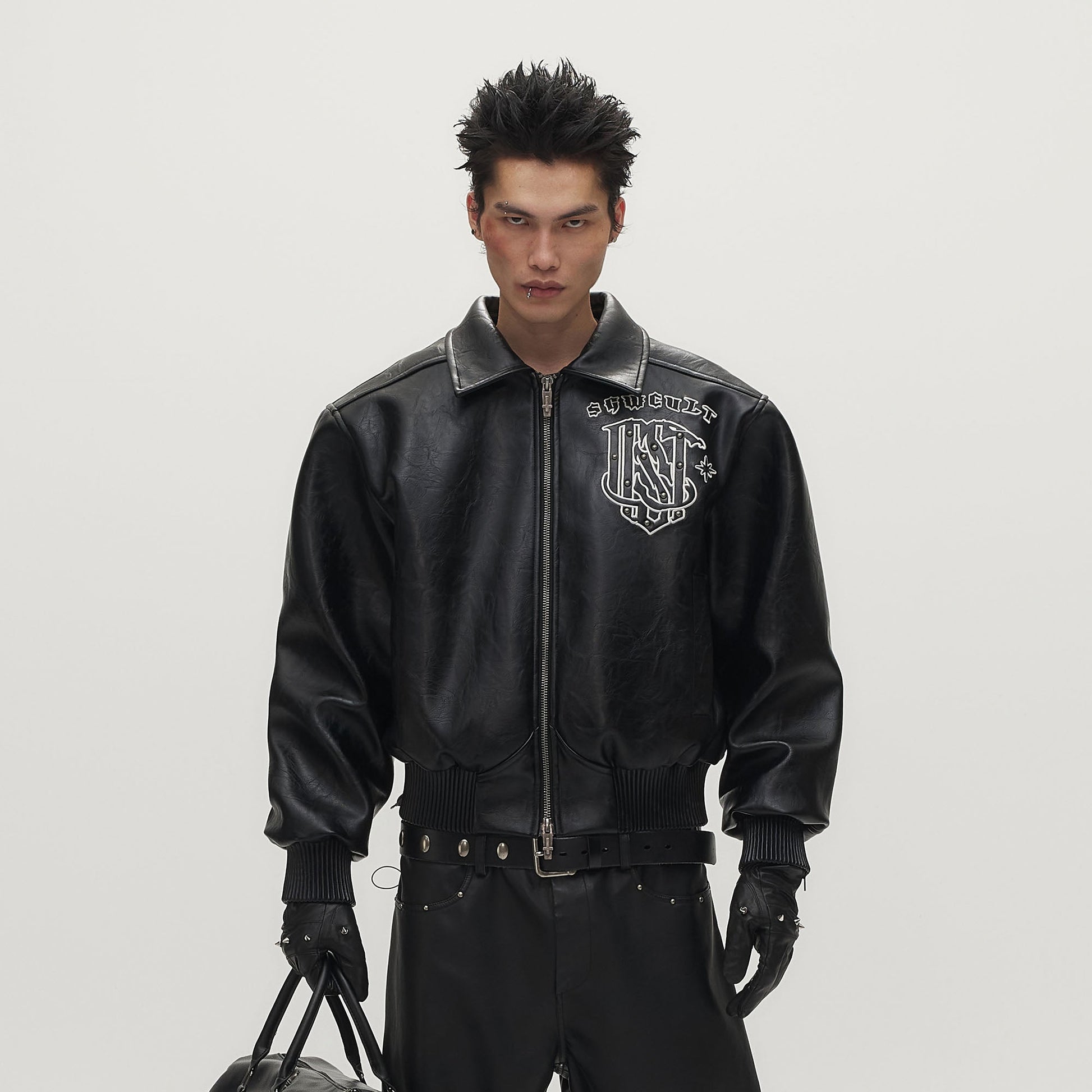 SAVAGEGROWTHWORLD No.05 Patch Faux Leather Studded Moto Jacket-Jacket-M-Free Shipping Leatheretro