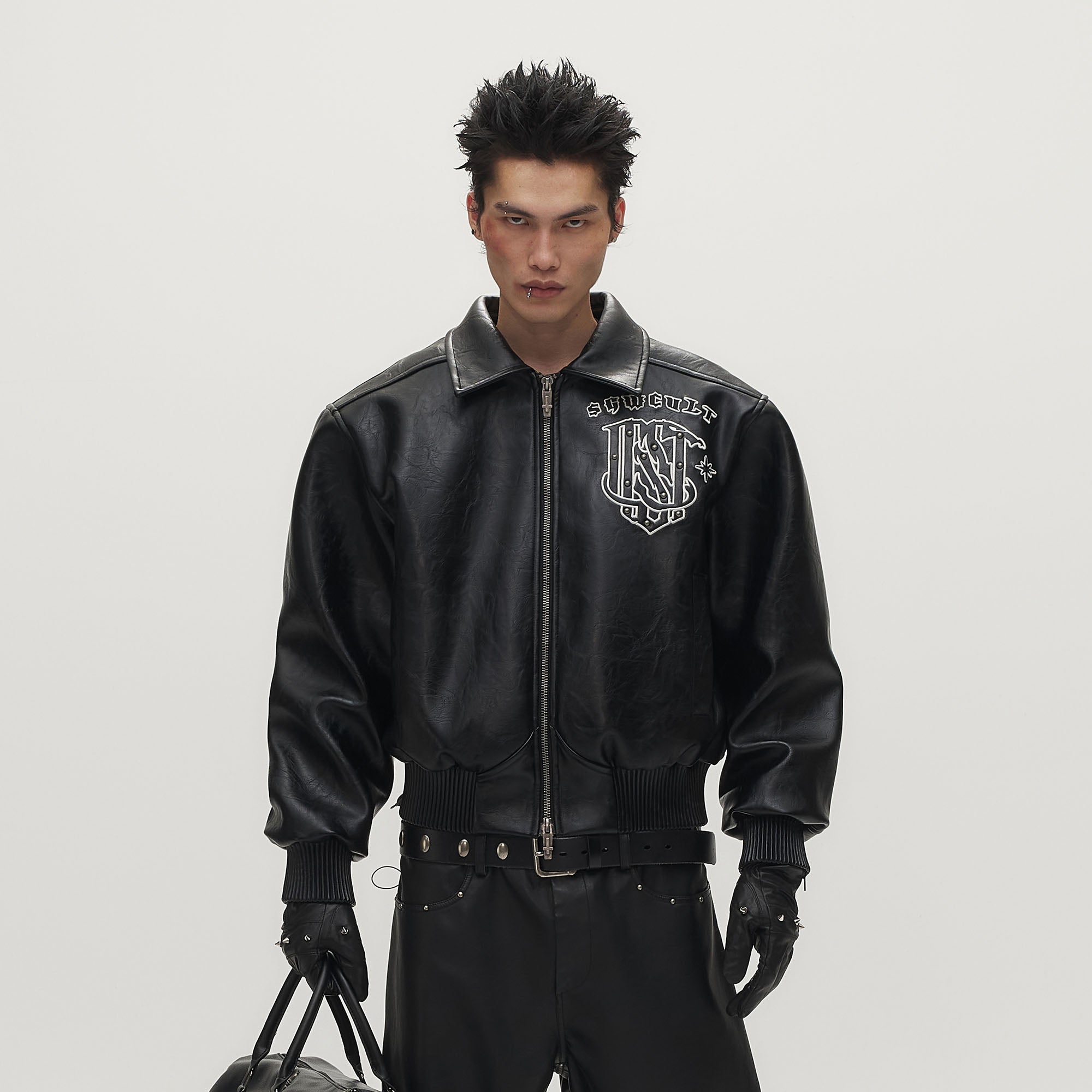 SAVAGEGROWTHWORLD No.05 Patch Faux Leather Studded Moto Jacket-Jacket-M-Free Shipping Leatheretro