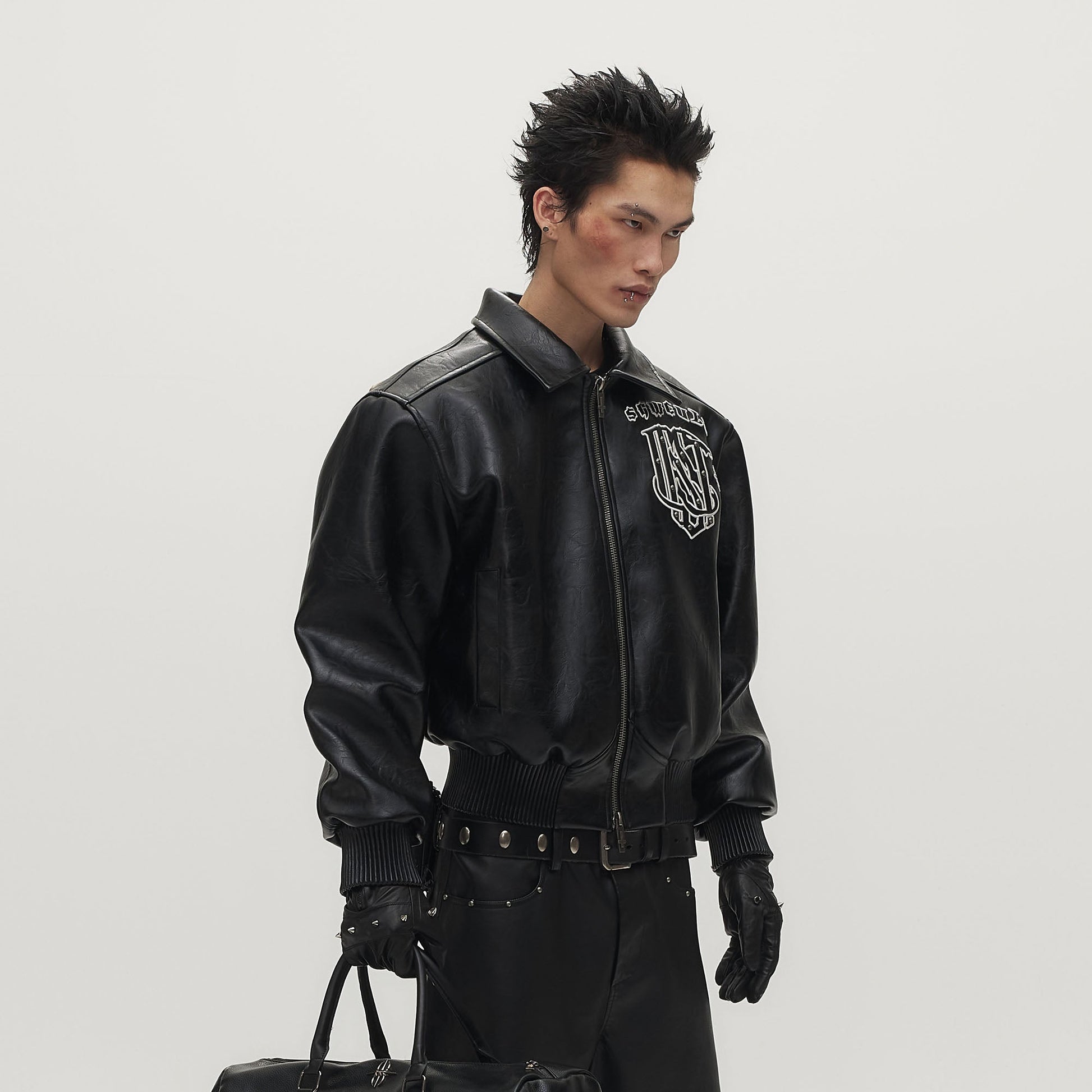 SAVAGEGROWTHWORLD No.05 Patch Faux Leather Studded Moto Jacket-Jacket-M-Free Shipping Leatheretro
