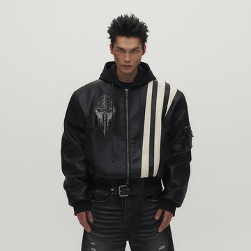 SAVAGEGROWTHWORLD Striped Faux Leather Padded Bomber Jacket-Jacket-M (Preorder)-Free Shipping Leatheretro