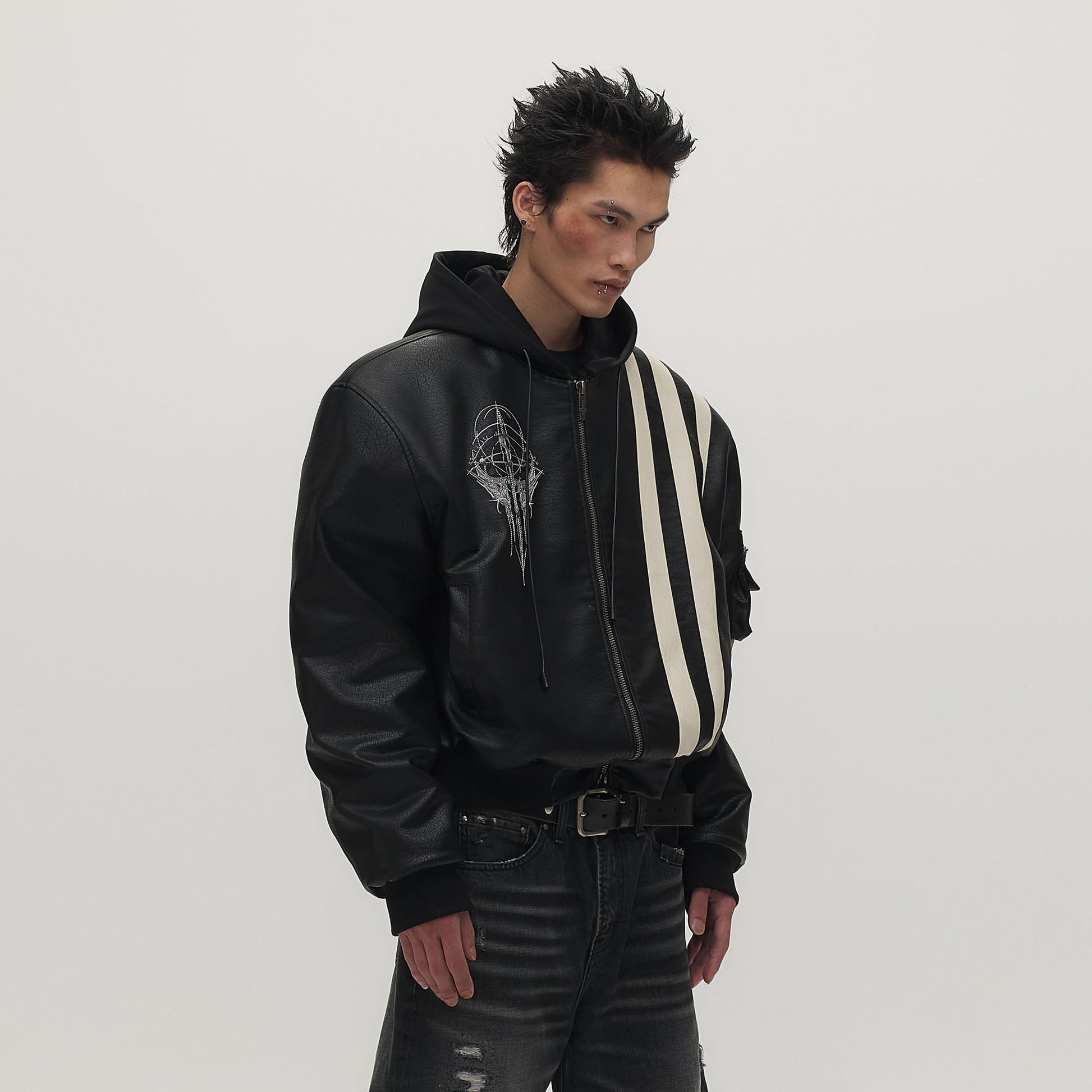 SAVAGEGROWTHWORLD Striped Faux Leather Padded Bomber Jacket-Jacket-M (Preorder)-Free Shipping Leatheretro