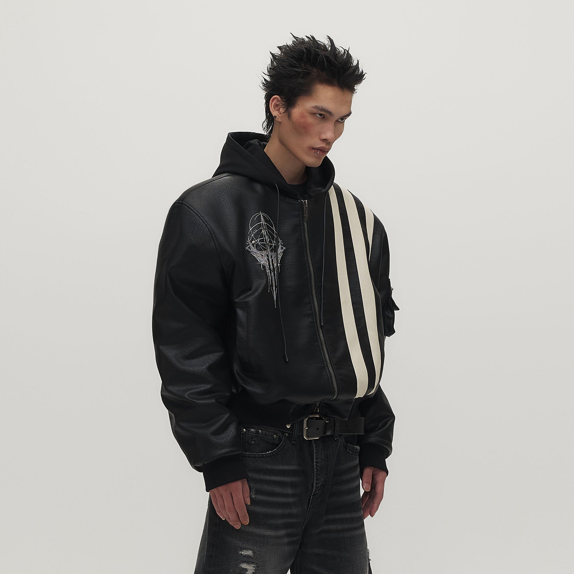 SAVAGEGROWTHWORLD Striped Faux Leather Padded Bomber Jacket-Jacket-M (Preorder)-Free Shipping Leatheretro