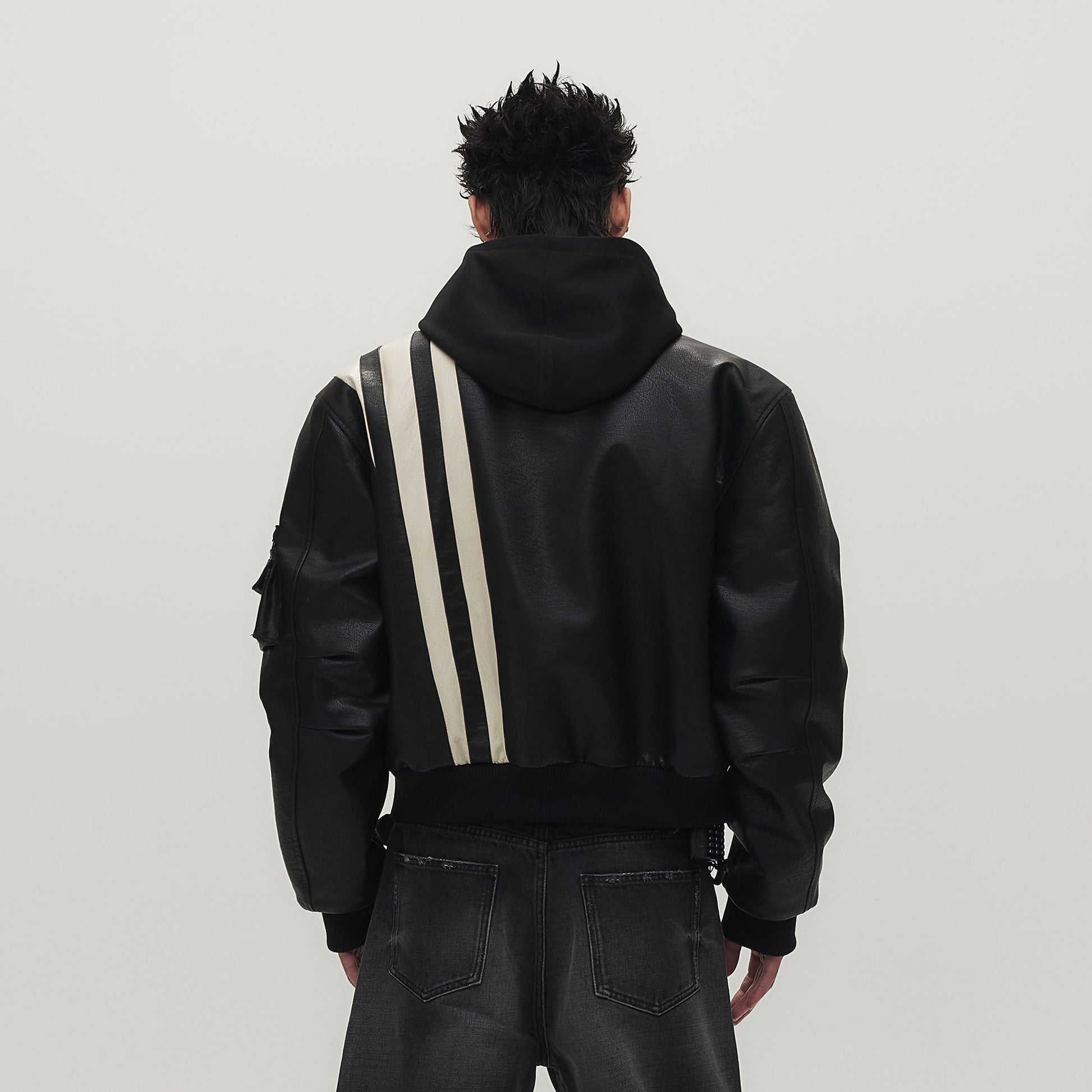 SAVAGEGROWTHWORLD Striped Faux Leather Padded Bomber Jacket-Jacket-M (Preorder)-Free Shipping Leatheretro