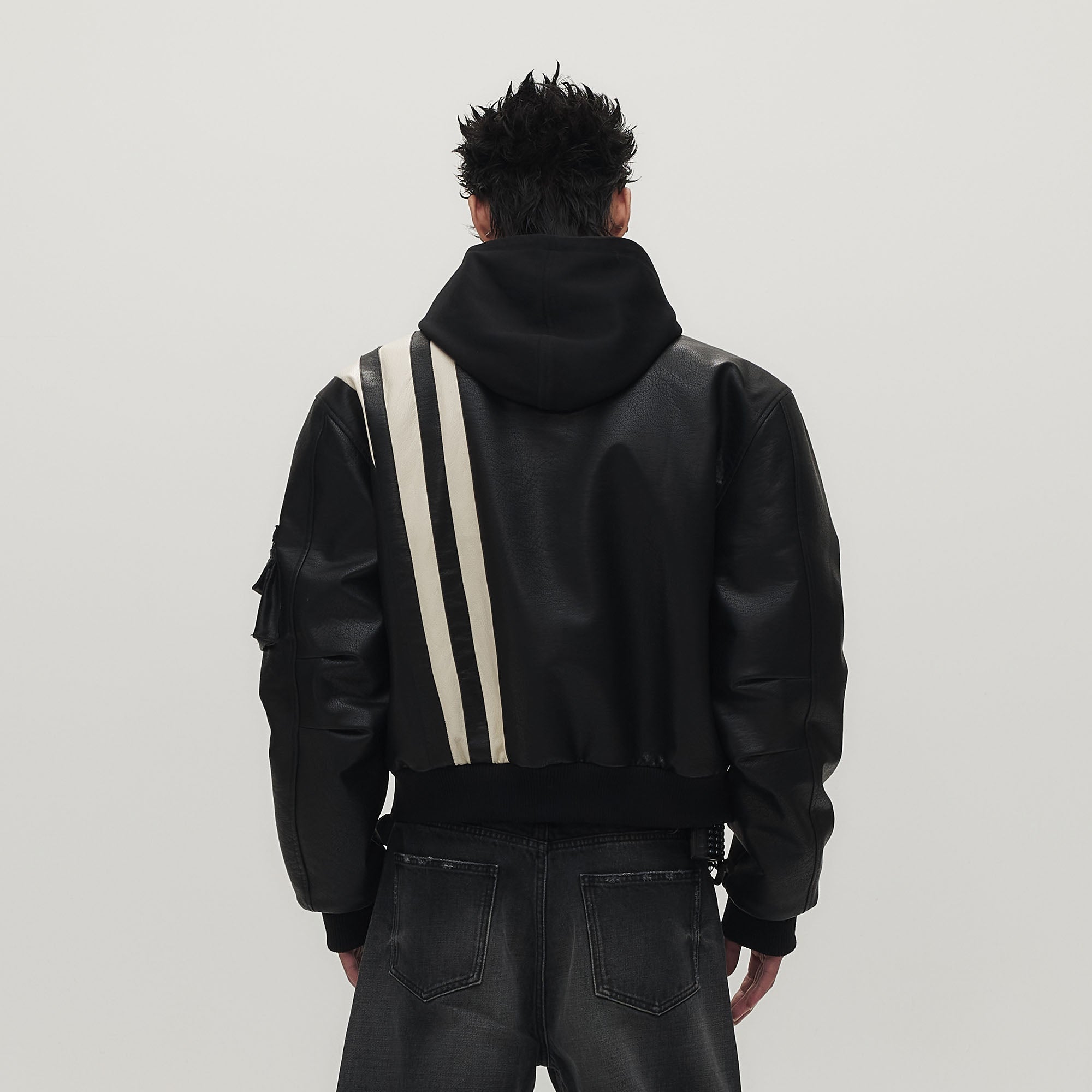 SAVAGEGROWTHWORLD Striped Faux Leather Padded Bomber Jacket-Jacket-M (Preorder)-Free Shipping Leatheretro