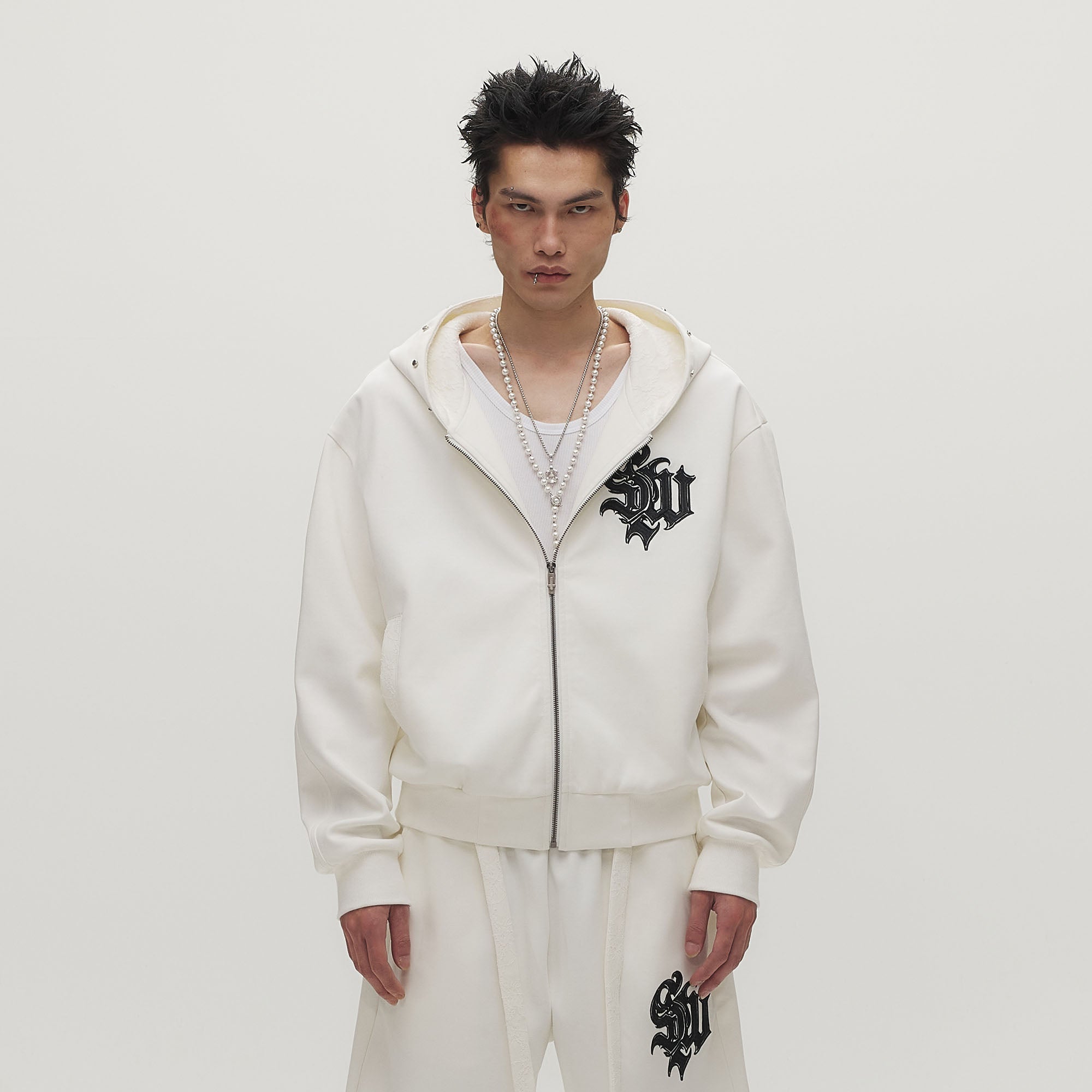 SAVAGEGROWTHWORLD Gothic Lettering Embroidered Zip-Up Hoodie-Jacket-S (Preorder)-Free Shipping Leatheretro