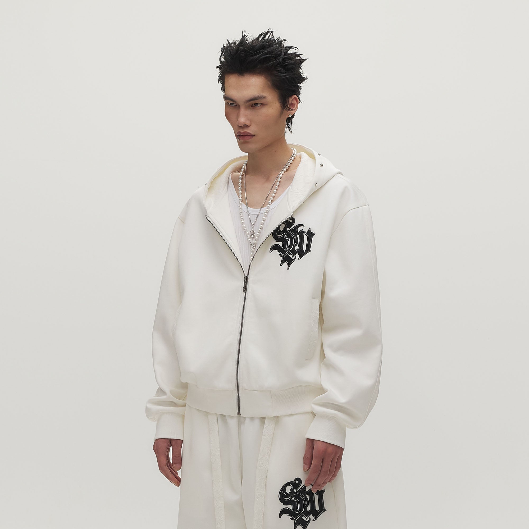 SAVAGEGROWTHWORLD Gothic Lettering Embroidered Zip-Up Hoodie-Jacket-S (Preorder)-Free Shipping Leatheretro