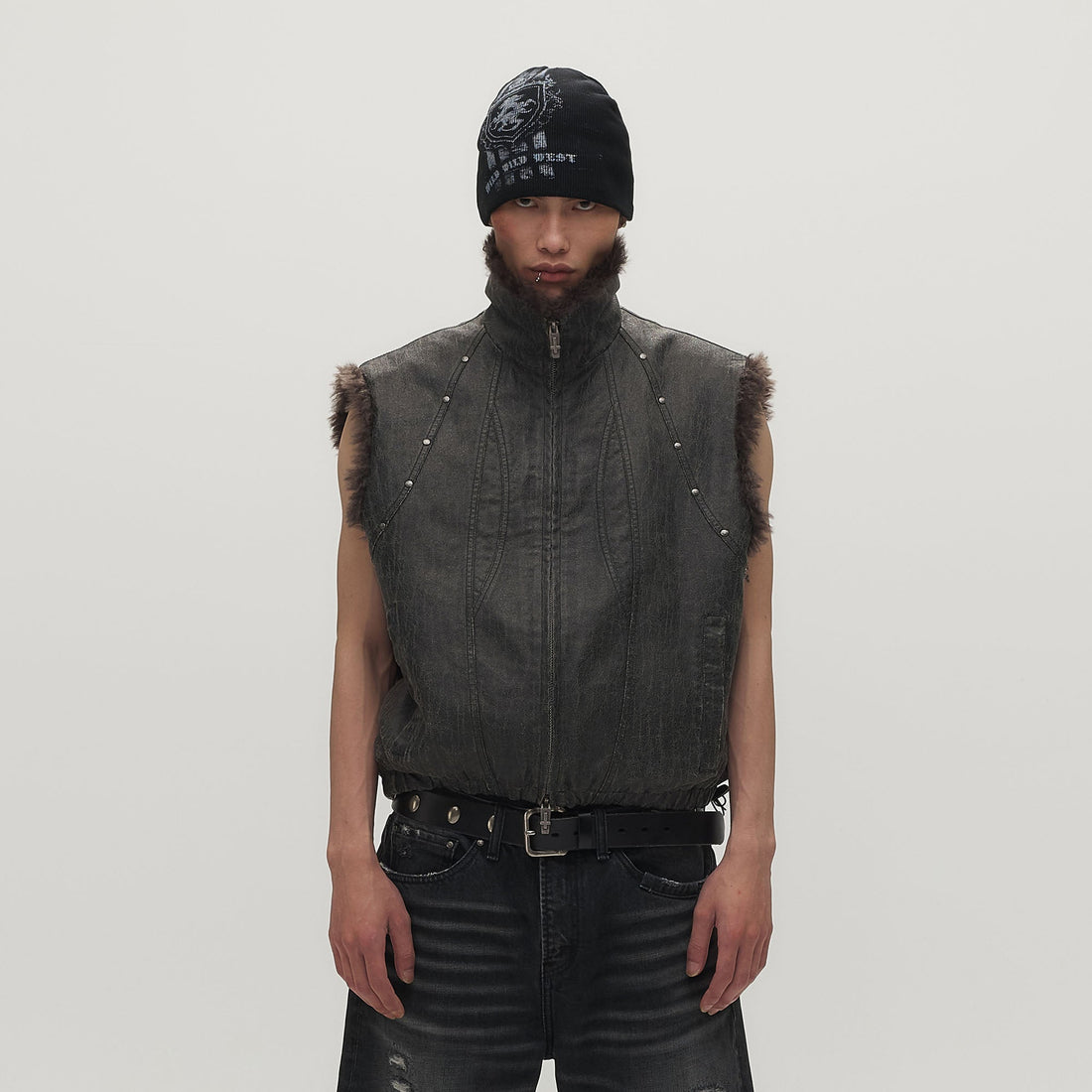 SAVAGEGROWTHWORLD Washed Faux Fur Lining Studded Vest-Vest-One Size-Free Shipping Leatheretro