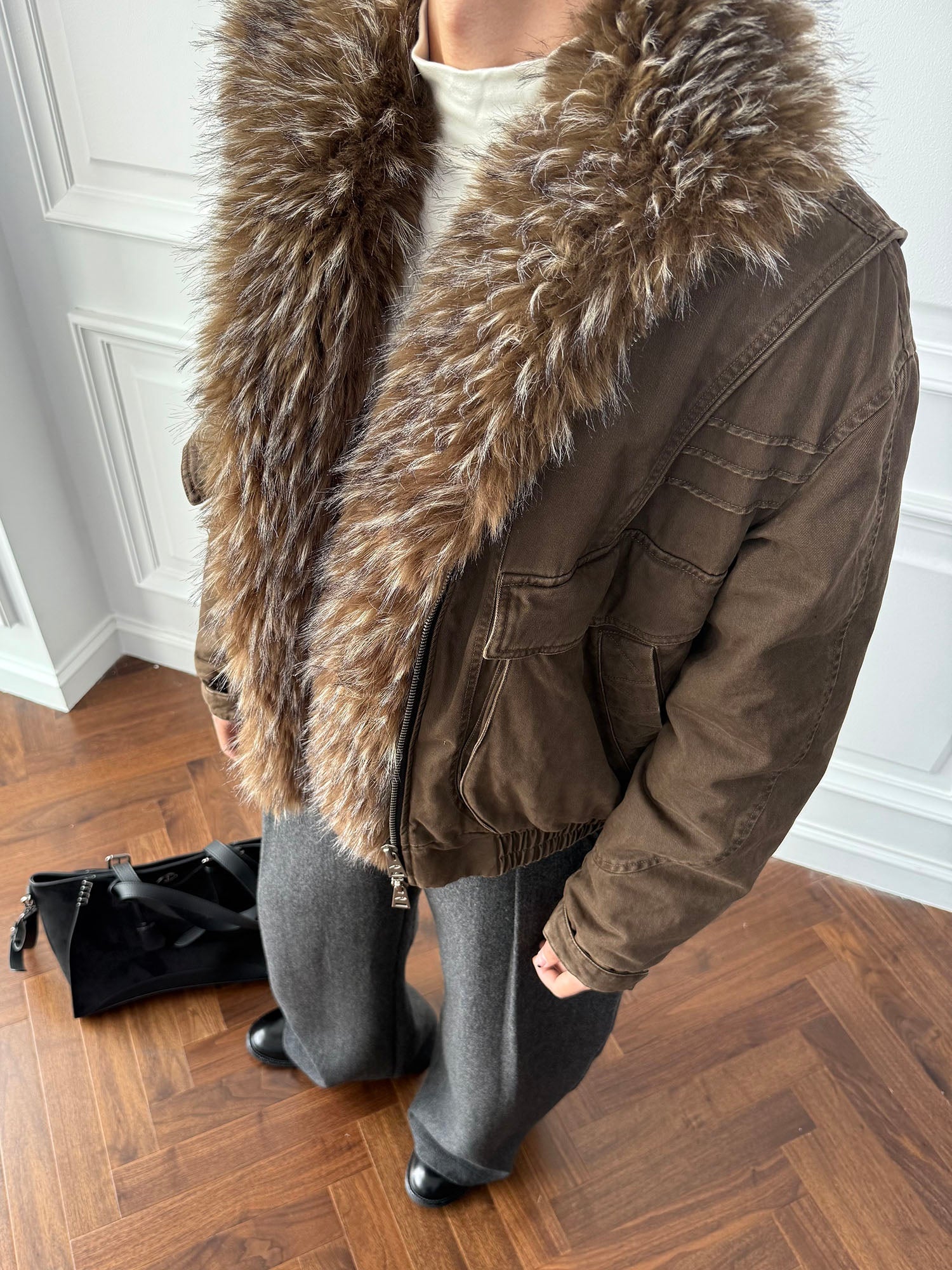 CATSSTAC Detachable Faux Fur Scarf Panel Jacket-Jacket-M (Preorder)-Brown-Free Shipping Leatheretro