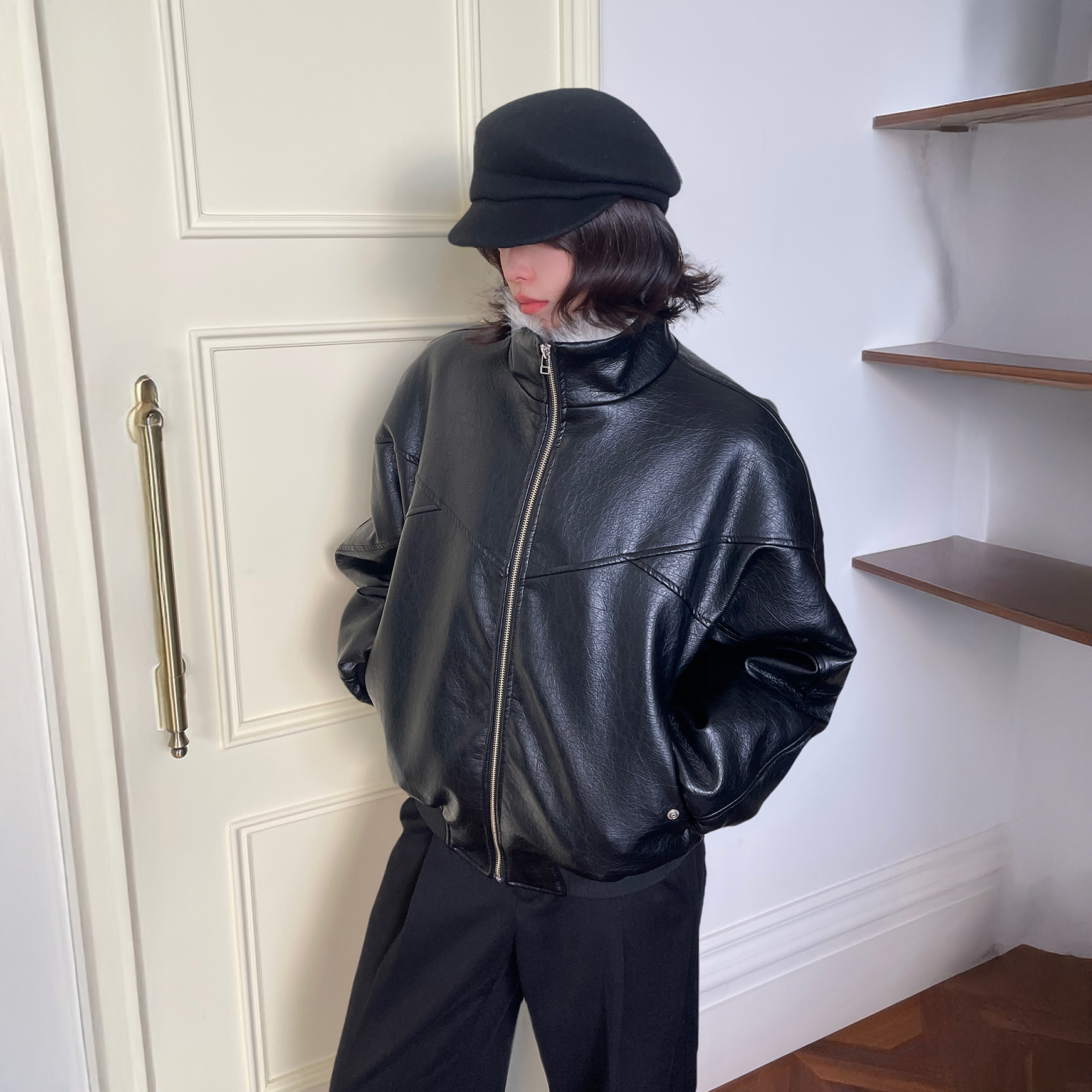 OKAYTHXBYE Faux Leather Fur-Lined Bomber-Jacket-S-Free Shipping Leatheretro