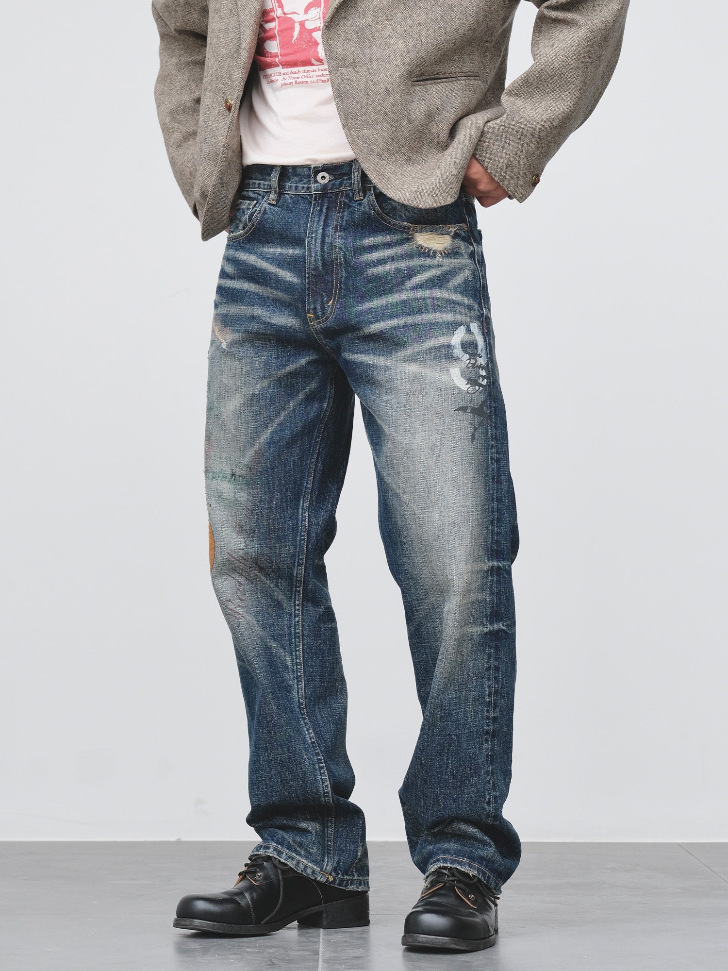 NEIGBORL Distressed Washed Patch Jeans-Pants-XXS (29)-Free Shipping Leatheretro