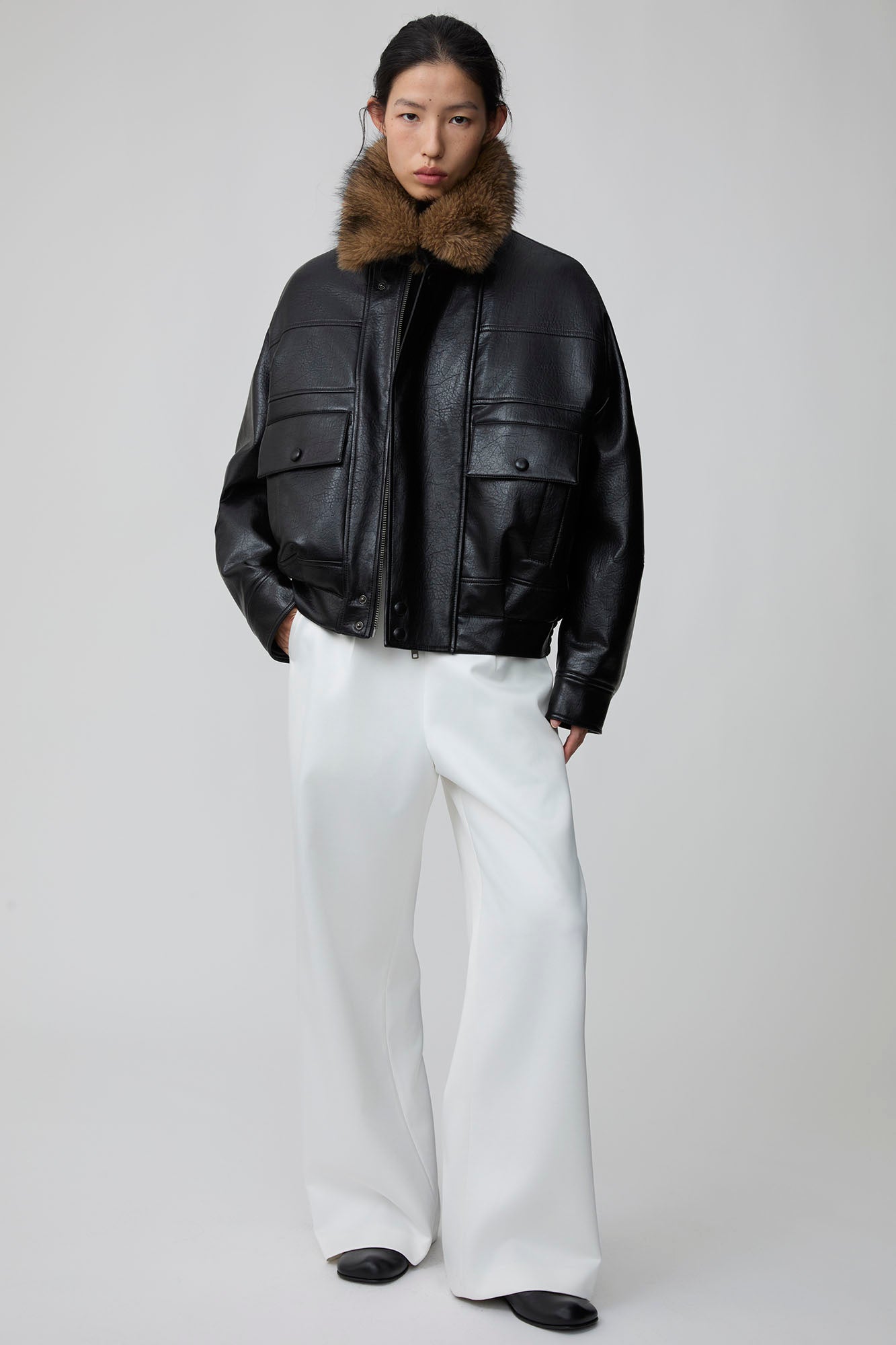 OPICLOTH Detachable Faux Fur-Collar PU Bomber-Jacket-XS-Free Shipping Leatheretro