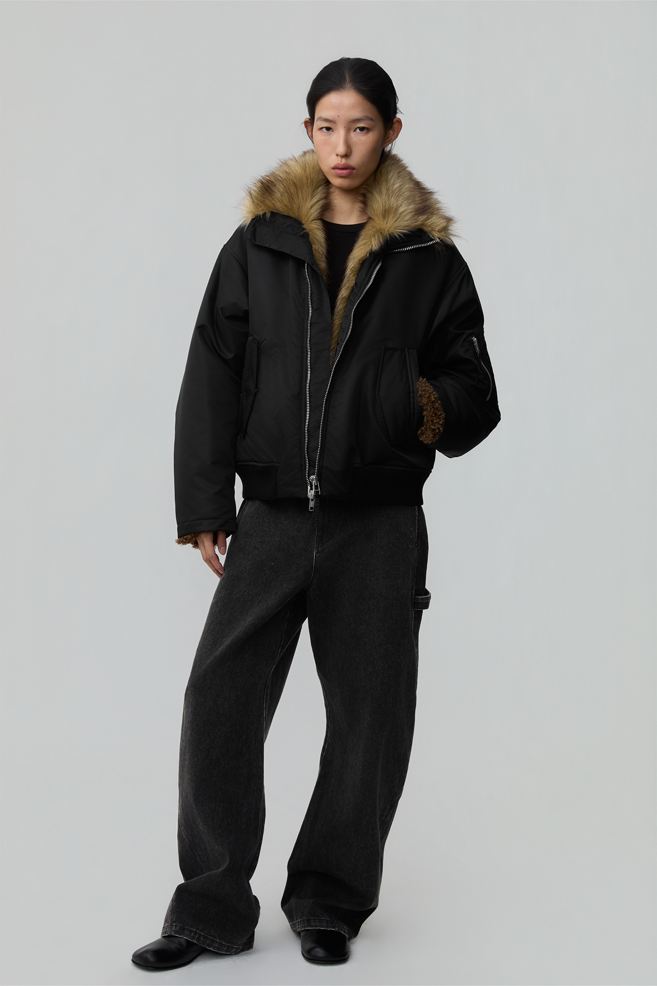 OPICLOTH Faux Fur-Lined Spliced Bomber Jacket-Jacket-XS-Free Shipping Leatheretro