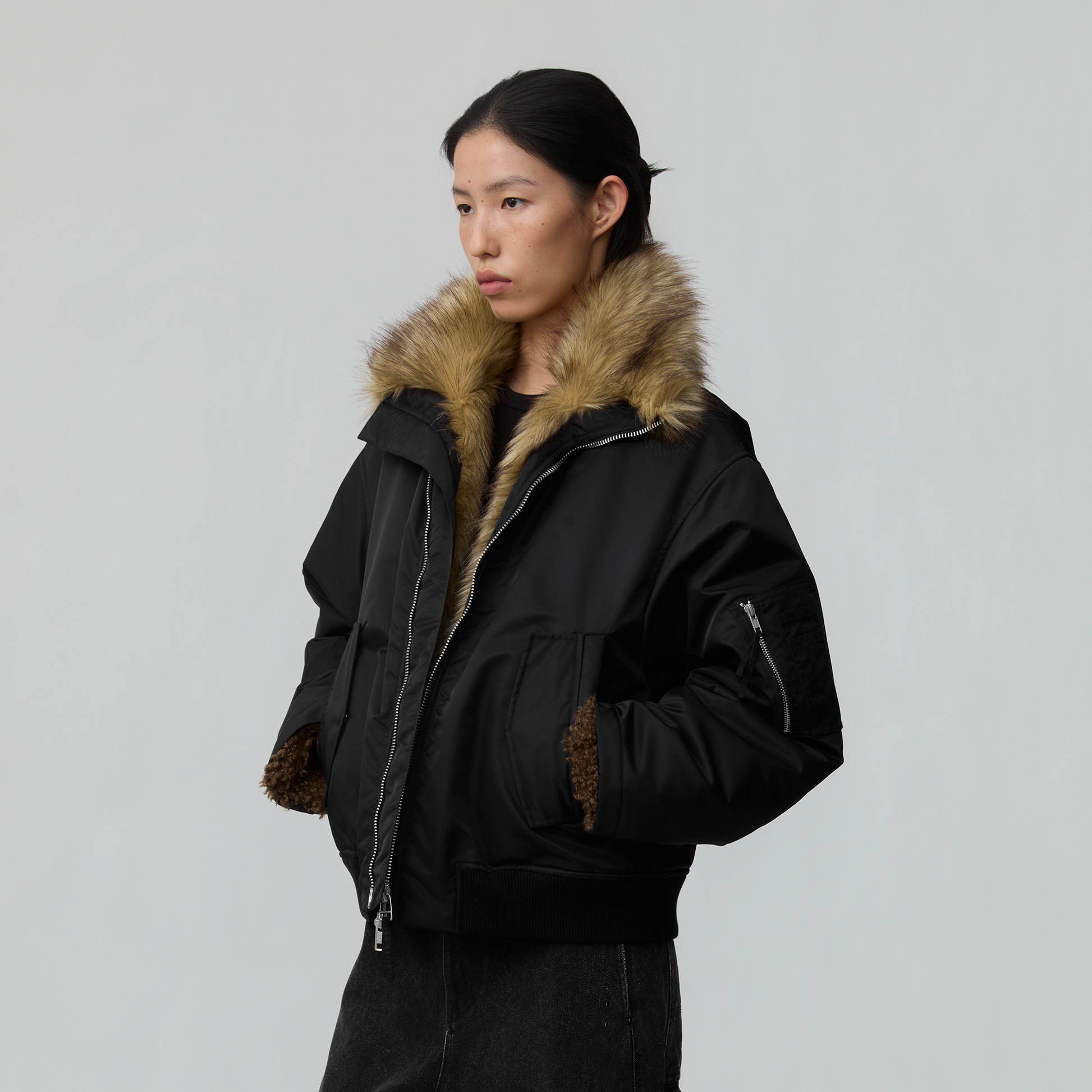 OPICLOTH Faux Fur-Lined Spliced Bomber Jacket-Jacket-XS-Free Shipping Leatheretro