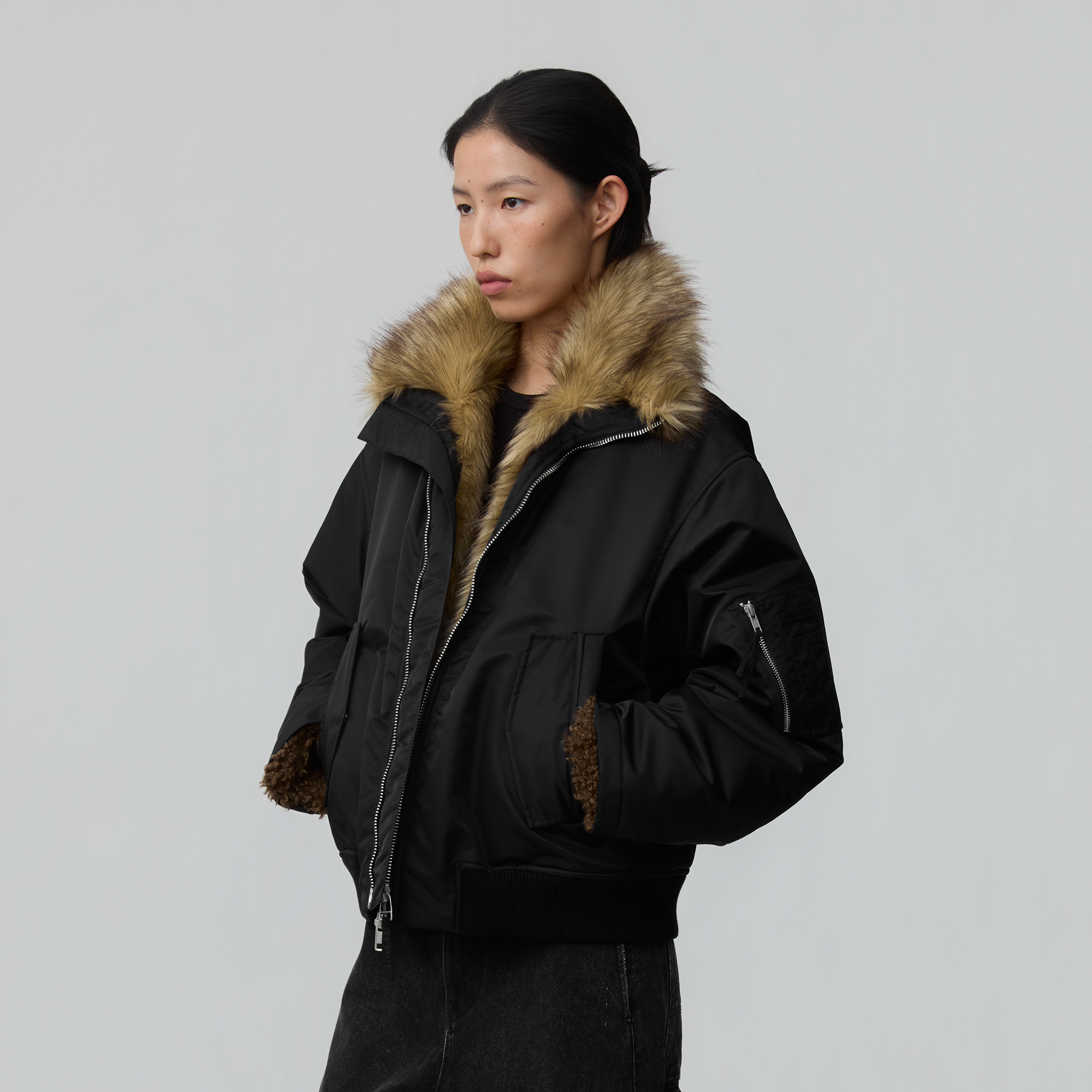 OPICLOTH Faux Fur-Lined Spliced Bomber Jacket-Jacket-XS-Free Shipping Leatheretro