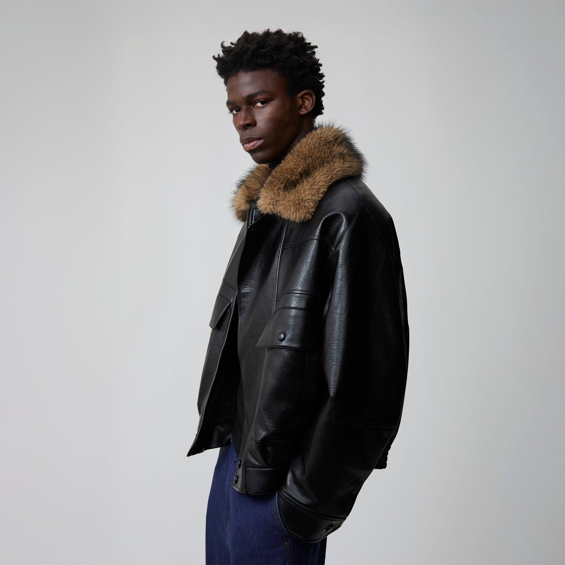 OPICLOTH Detachable Faux Fur-Collar PU Bomber-Jacket-XS-Free Shipping Leatheretro